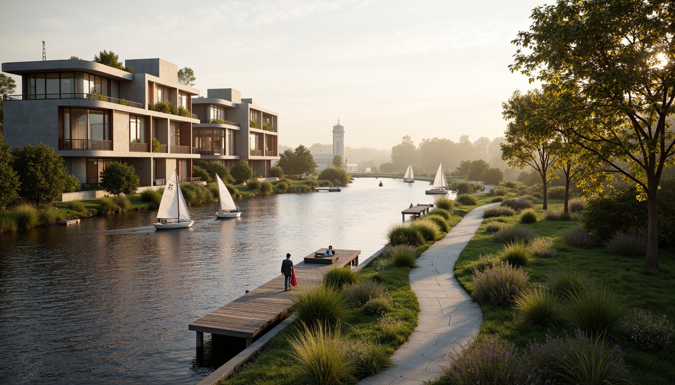 Prompt: Riverbank promenade, lush green vegetation, winding waterways, rustic wooden docks, sailing boats, rippling water effects, misty morning atmosphere, warm golden lighting, shallow depth of field, 1/2 composition, panoramic view, realistic textures, ambient occlusion, modern riverbank architecture, curved lines, minimalist design, steel frame structures, large glass windows, natural stone cladding, wooden accents, eco-friendly materials, innovative drainage systems.