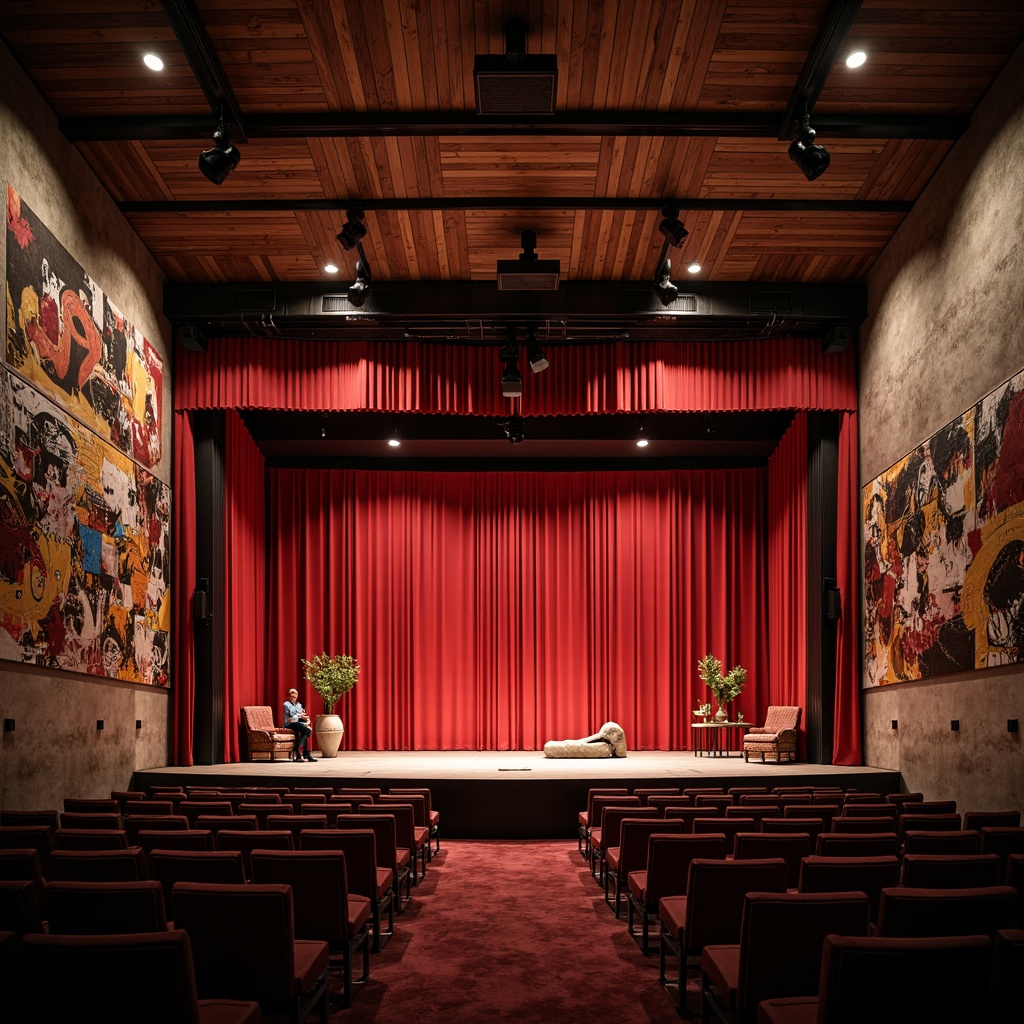 Prompt: Expressive performing arts center, bold angular architecture, vibrant red curtains, dynamic spotlights, rich wood grain textures, ornate metal fixtures, luxurious velvet seats, eclectic artistic sculptures, abstract expressionist murals, distressed concrete walls, industrial metal beams, avant-garde stage designs, experimental lighting systems, moody atmospheric colors, dramatic shadows, 1/1 composition, cinematic framing, high-contrast renderings.