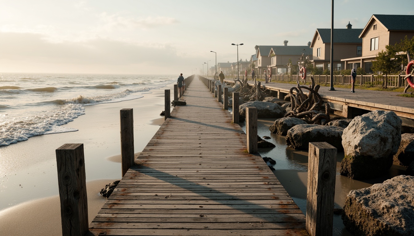 Prompt: Weathered wooden docks, driftwood sculptures, ocean-battered rocks, sandy shores, sea-salted spray, misty fog, rustic beach houses, nautical ropes, faded lifesaver rings, distressed wood planks, coral reefs, ocean-worn pier pillars, seaside promenades, soft warm lighting, low-angle sunlight, atmospheric perspective, 1/2 composition, realistic weathering effects.