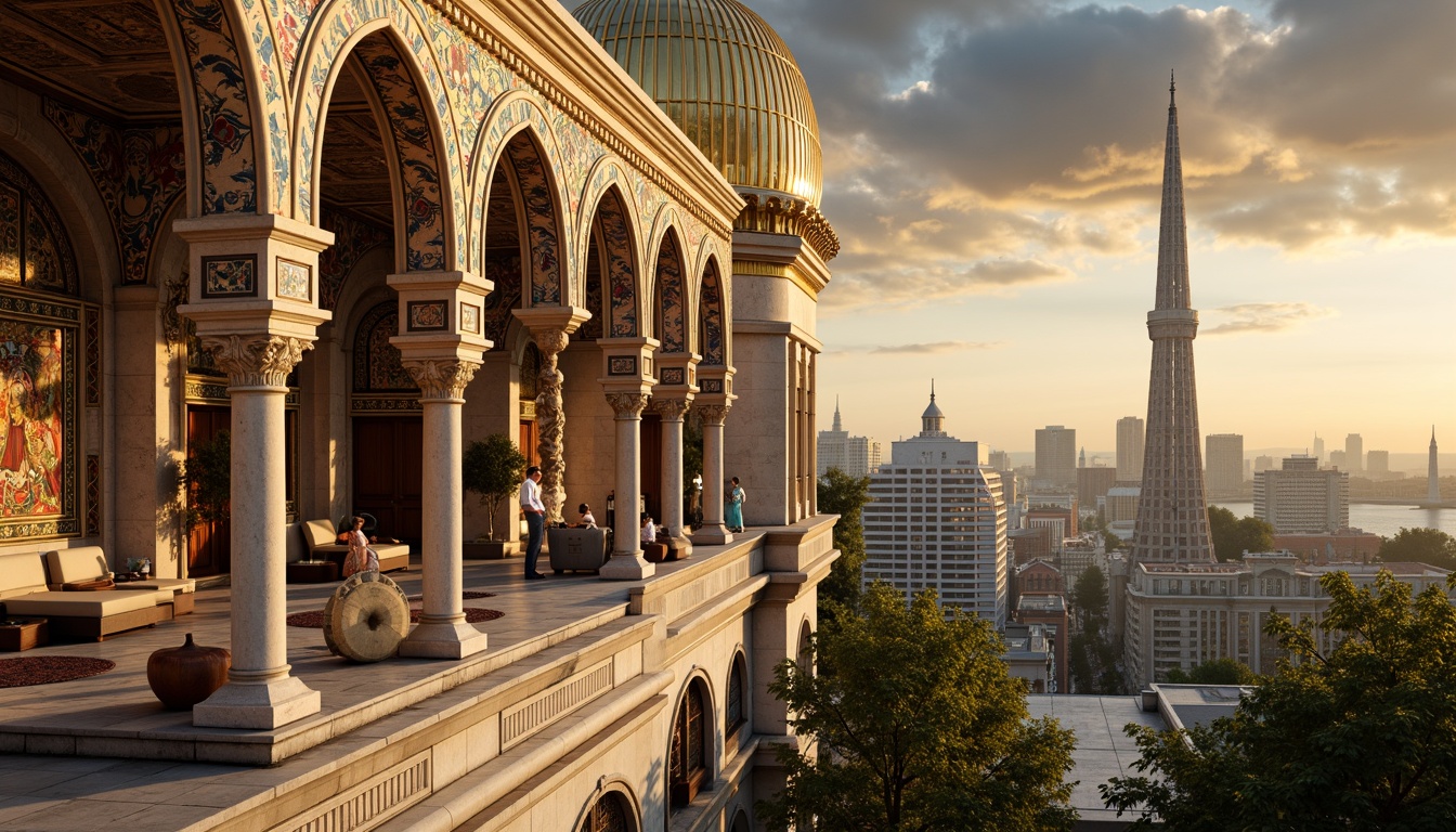 Prompt: Golden domes, intricate mosaics, ornate arches, grandiose entranceways, marble columns, vibrant frescoes, Byzantine-inspired patterns, lavish ornamentation, towering skyscrapers, majestic urban skyline, dramatic cloud formations, warm golden lighting, shallow depth of field, 1/1 composition, realistic textures, ambient occlusion.