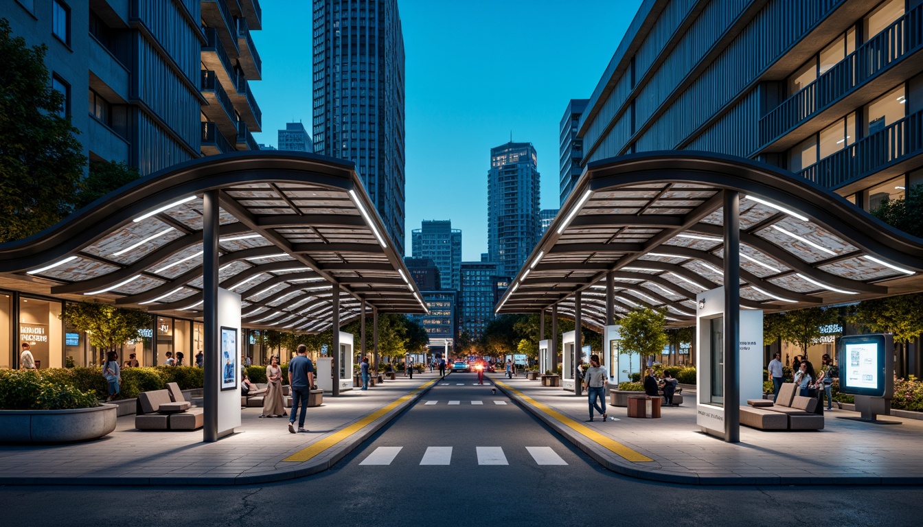 Prompt: Futuristic tram station, sleek metal architecture, curved glass roofs, LED light installations, urban cityscape, bustling streets, modern skyscrapers, vibrant neon lights, nighttime atmosphere, soft focus effect, shallow depth of field, 1/2 composition, symmetrical framing, high-tech infrastructure, electric vehicle charging stations, smart traffic management systems, real-time passenger information displays, comfortable waiting areas, minimalist seating designs, urban greenery integration, pedestrian-friendly access roads.