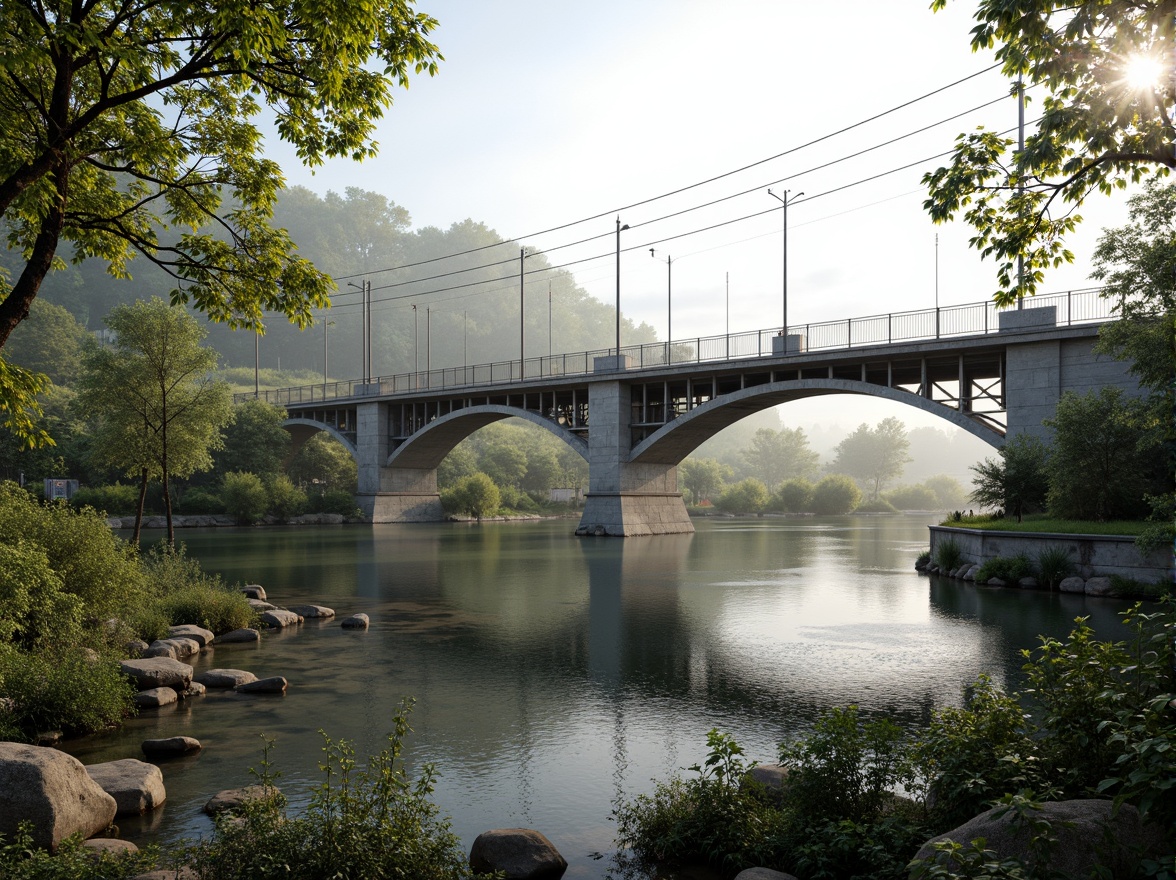 Prompt: Elegant bridge design, harmonious riverbank integration, lush greenery, natural stone foundations, steel arches, suspension cables, modern LED lighting, misty morning atmosphere, soft warm glow, shallow depth of field, 1/1 composition, panoramic view, realistic water reflections, ambient occlusion, eco-friendly materials, sustainable energy solutions, solar panels, wind turbines, water conservation systems, green roofs, innovative cooling technologies, shaded outdoor spaces, vibrant colorful accents, intricate geometric motifs.