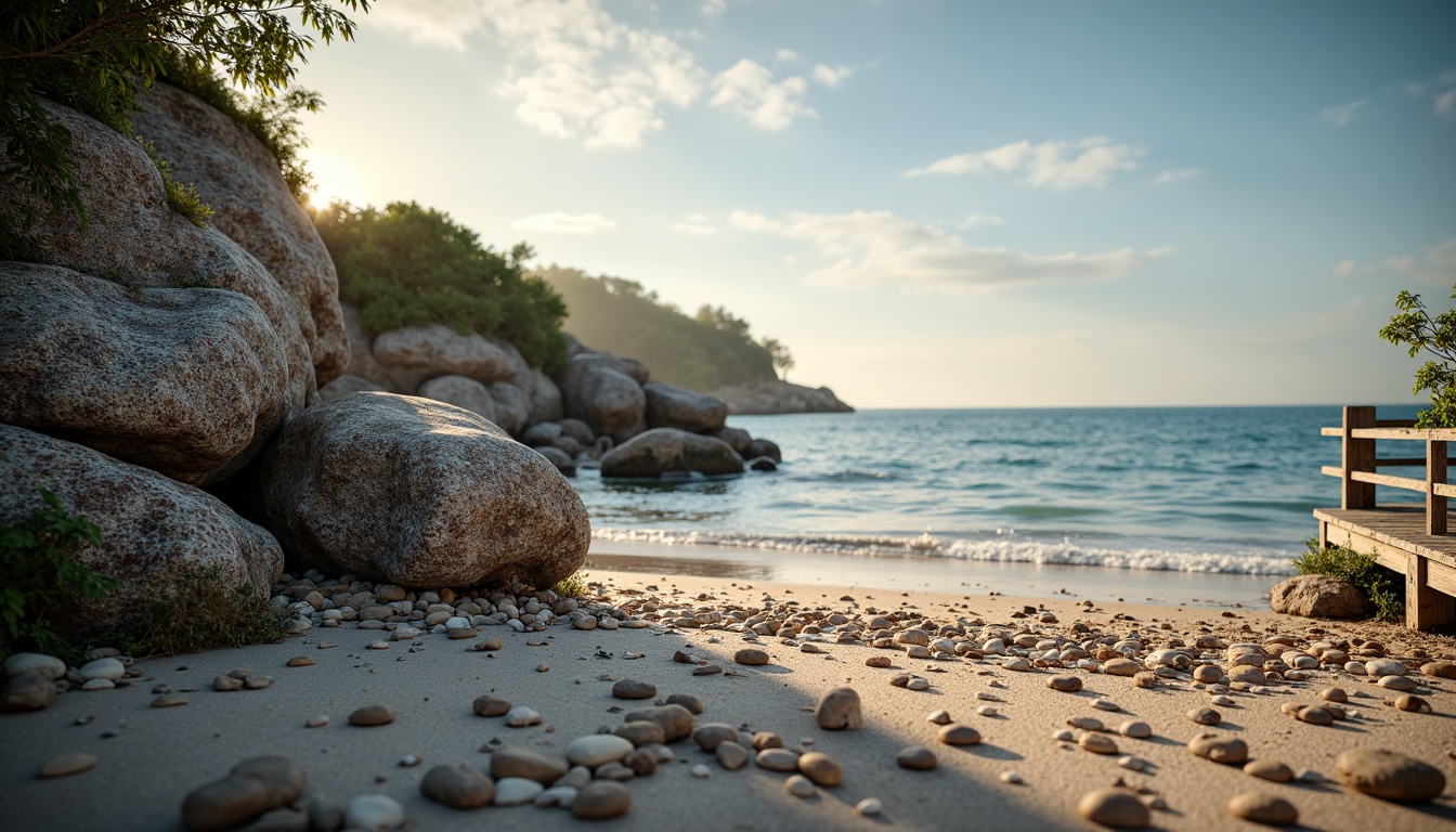 Prompt: Weathered driftwood, ocean-worn pebbles, sandy dunes, sea-salt sprayed rocks, coral reefs, beachy shells, fish-scale inspired patterns, ocean-blue hues, misty mornings, warm golden lighting, shallow depth of field, 1/1 composition, realistic wave simulations, ambient occlusion, natural stone pathways, wooden jetties, nautical ropes, distressed wood accents, sea-weathered metal fixtures.