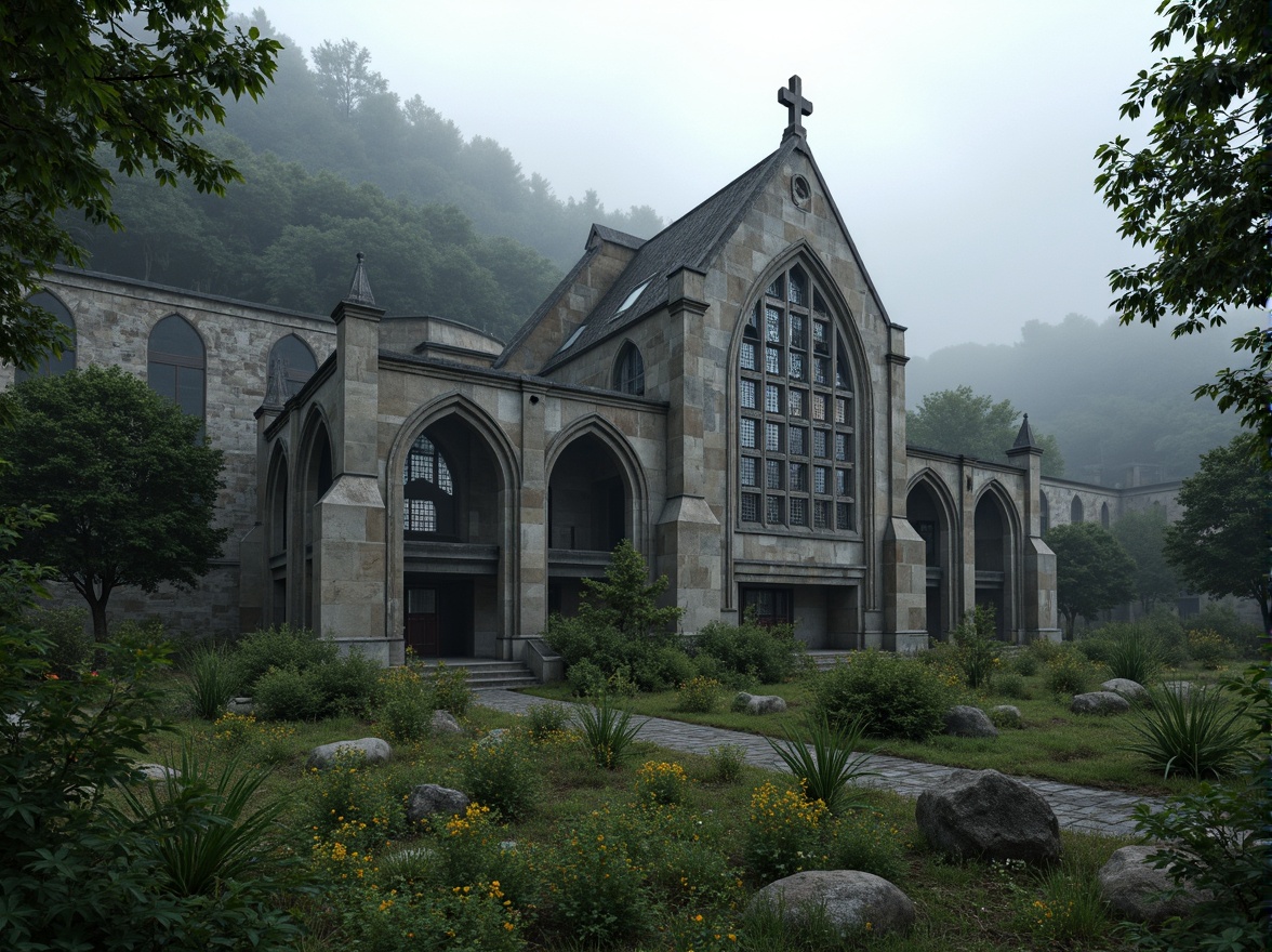 Prompt: Rugged brutalist church, weathered concrete fa\u00e7ade, imposing fortress-like structure, natural stone accents, overgrown vegetation, wildflowers, moss-covered walls, dramatic lighting, misty atmosphere, mysterious ambiance, atmospheric perspective, 1/2 composition, cinematic framing, subtle color grading, high contrast ratio, sacred symbols, intricate stonework, ancient architectural influences, Gothic-inspired arches, mystical stained glass windows, eerie foggy surroundings, abandoned industrial landscape, urban decay.