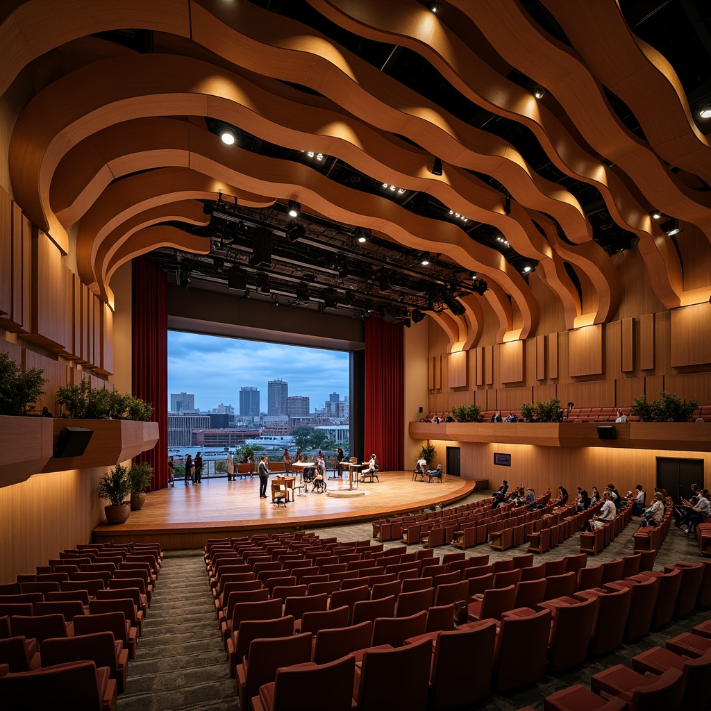 Prompt: Curved concert hall, flowing organic forms, undulating wooden panels, natural materials, earthy tones, warm ambient lighting, acoustic precision, soundproofing materials, ergonomic seating, minimal ornamentation, subtle textures, refined modern aesthetic, urban cityscape backdrop, vibrant cultural atmosphere, evening skyline views, dramatic spotlights, soft stage lighting, shallow depth of field, 1/2 composition, panoramic view.