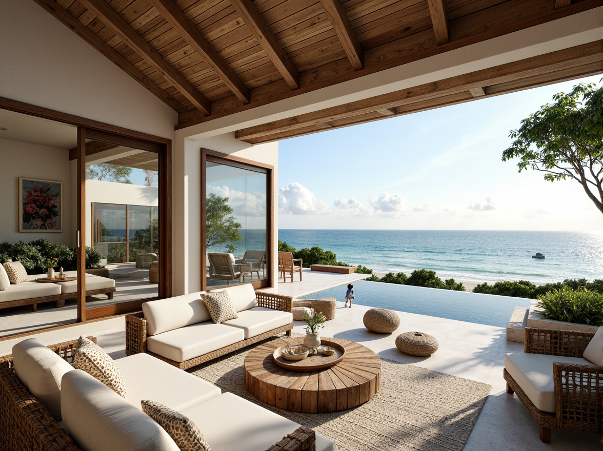 Prompt: Coastal villa, ocean views, sandy beaches, driftwood accents, nautical ropes, beachy color palette, natural textures, open-plan living areas, floor-to-ceiling windows, sliding glass doors, infinity pools, outdoor lounging spaces, tropical plants, coral-inspired patterns, seashell decorations, calming ambiance, warm sunny day, soft diffused lighting, shallow depth of field, 2/3 composition, symmetrical framing, realistic renderings, subtle ambient occlusion.