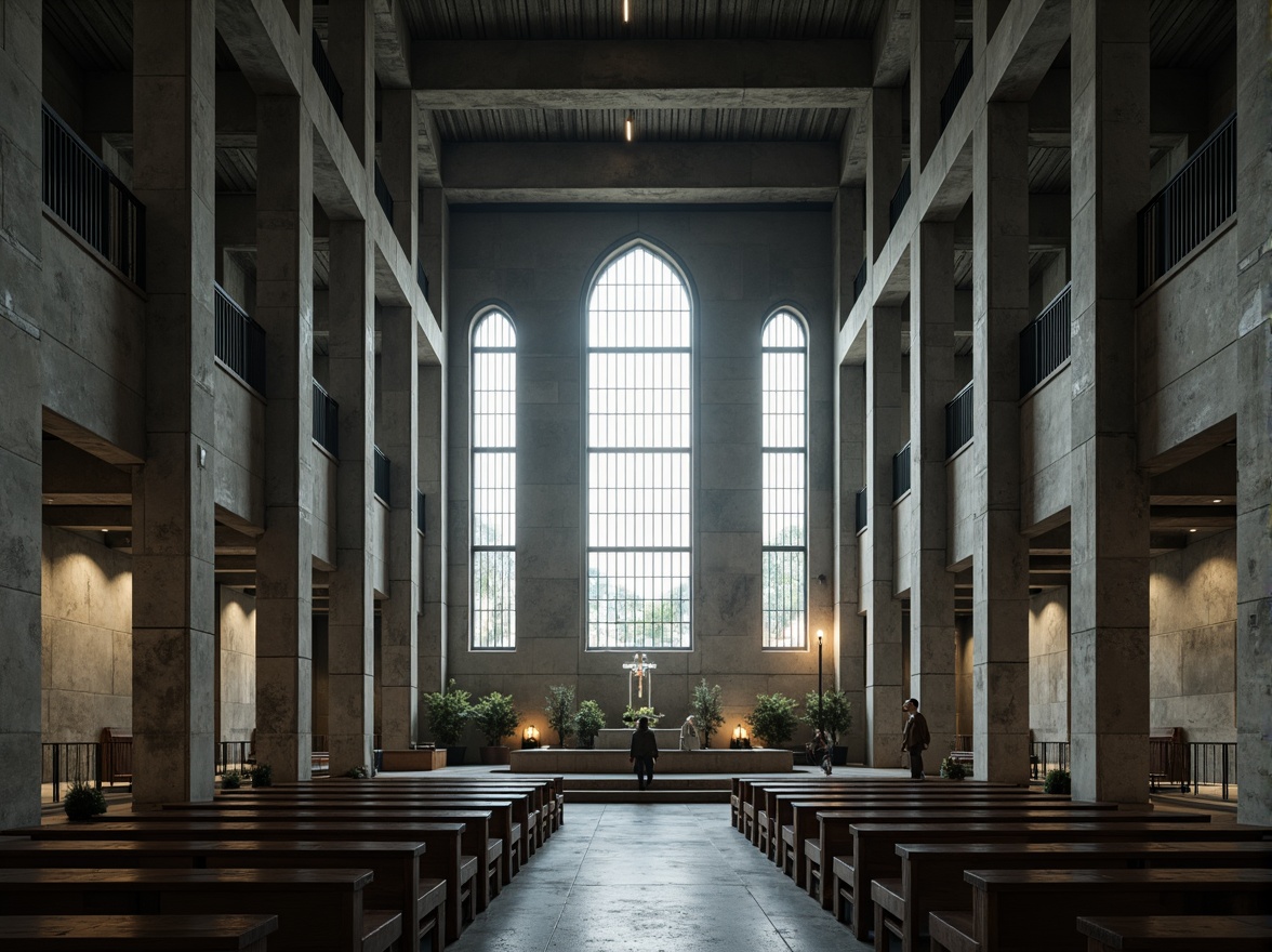 Prompt: Rugged brutalist church, raw concrete textures, weathered stone walls, industrial metal accents, minimalist stained glass windows, dimly lit interior, dramatic high ceilings, cold monochromatic color scheme, muted earth tones, exposed ductwork, brutal functionalism, sparse ornamentation, abstract geometric patterns, atmospheric foggy day, soft diffused lighting, cinematic low-angle shot, 1/1 composition, realistic materials, subtle ambient occlusion.