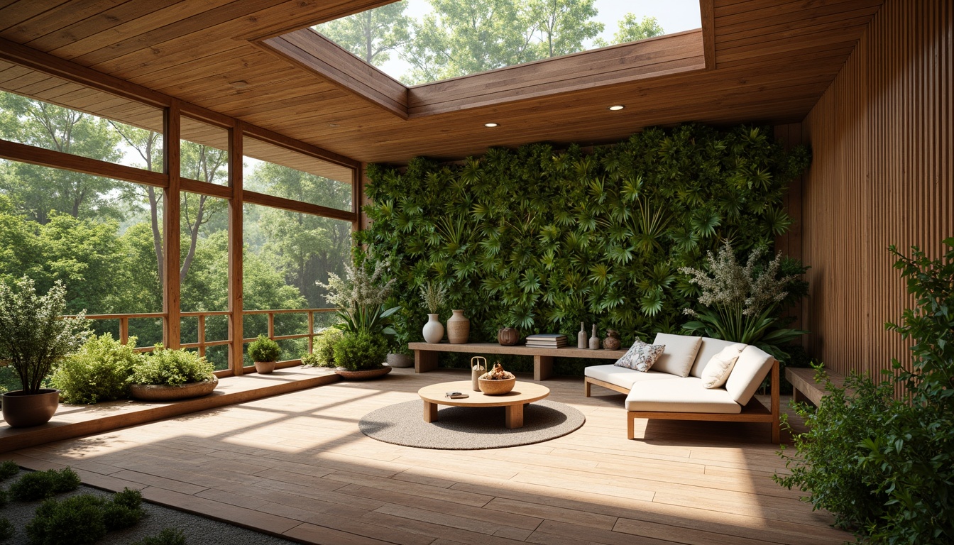 Prompt: Earthy tones, natural textures, reclaimed wood accents, living green walls, bamboo flooring, organic shapes, eco-friendly materials, sustainable architecture, minimalist decor, abundance of natural light, warm ambient lighting, shallow depth of field, 3/4 composition, panoramic view, realistic renderings, ambient occlusion.