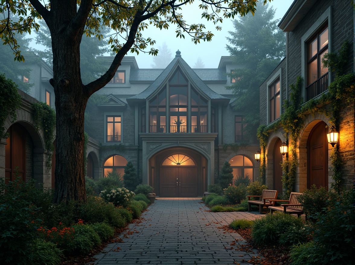 Prompt: Mysterious villa, Gothic arches, ornate stone carvings, grand entrance gates, winding cobblestone pathways, lush greenery, overgrown ivy, ancient trees, misty morning atmosphere, soft warm lighting, high contrast, dramatic shadows, eerie silence, isolated seclusion, 1/1 composition, symmetrical framing, vibrant autumn colors, rustic wooden benches, lantern-style outdoor lighting, mysterious fog, subtle misting effect.