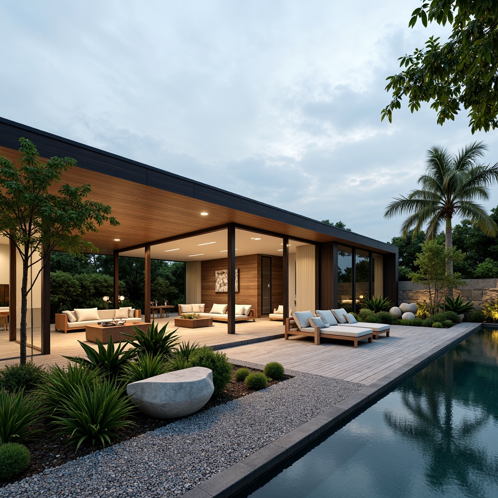 Prompt: Minimalist international style residence, sleek lines, modern architecture, large windows, sliding glass doors, open-plan living area, lush greenery, tropical plants, palm trees, succulents, gravel pathways, natural stone walls, wooden decks, cantilevered roofs, abstract sculptures, geometric water features, infinity pools, ambient lighting, warm neutral tones, shallow depth of field, 1/1 composition, panoramic view, realistic textures, soft focus blur.