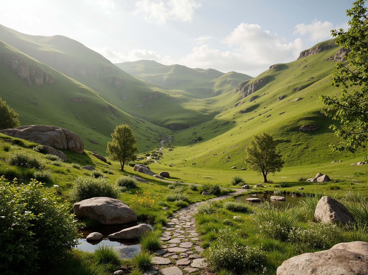 Prompt: Sweeping grasslands, gentle slopes, serene atmosphere, lush greenery, vibrant wildflowers, meandering stone pathways, natural boulders, rustic wooden fences, tranquil water features, reflective ponds, soft misty lighting, warm sunny day, shallow depth of field, 3/4 composition, panoramic view, realistic textures, ambient occlusion.