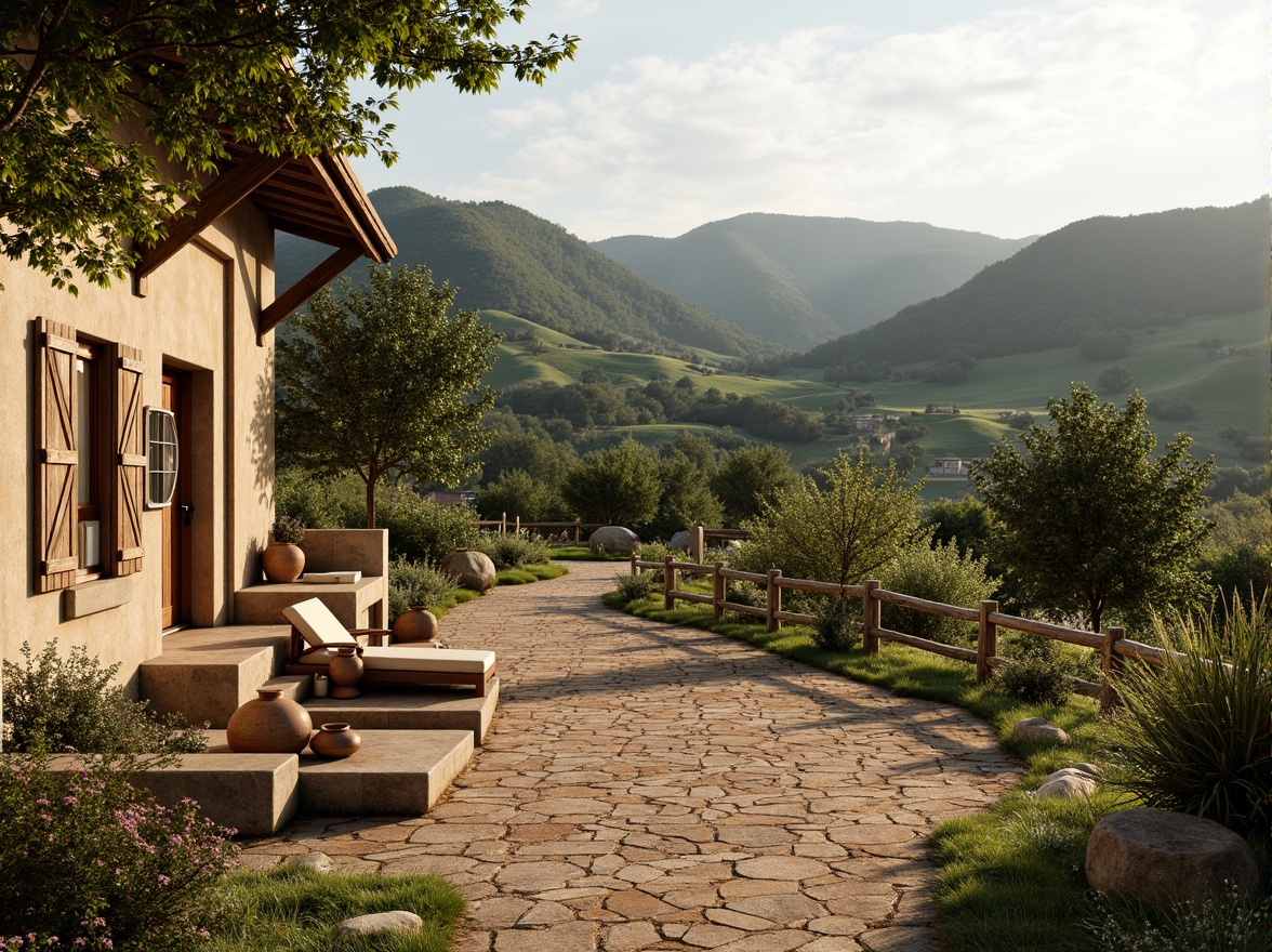 Prompt: Rustic countryside, rolling hills, traditional farmhouse, weathered wood accents, earthenware pottery, natural stone walls, curved lines, earthy color palette, lush greenery, blooming wildflowers, wooden fences, winding dirt paths, serene rural atmosphere, warm soft lighting, 1/1 composition, shallow depth of field, realistic textures, ambient occlusion.