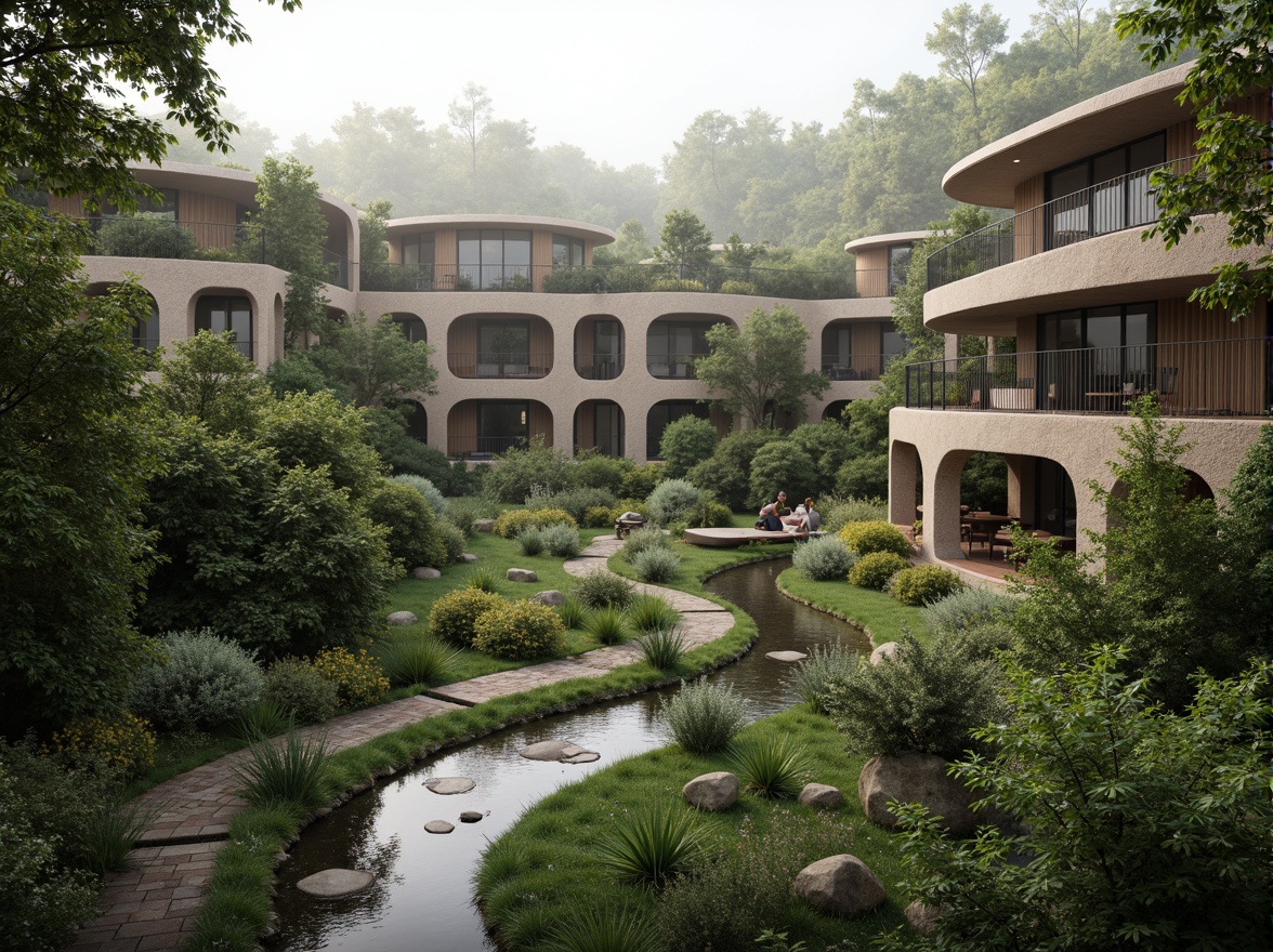 Prompt: Seamless landscape integration, organic architecture, natural stone walls, curved lines, green roofs, lush vegetation, native plants, meandering water features, serene forest surroundings, misty atmosphere, soft warm lighting, shallow depth of field, 3/4 composition, panoramic view, realistic textures, ambient occlusion.