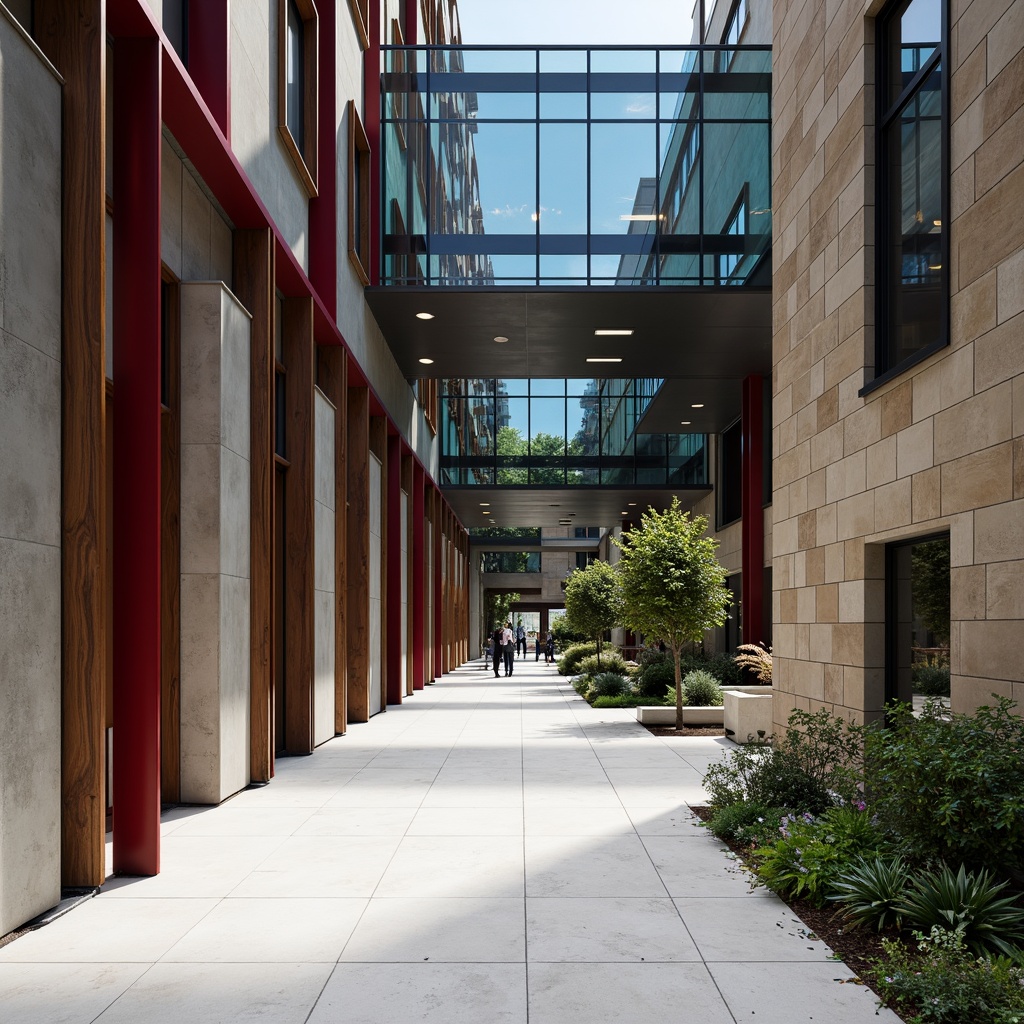 Prompt: Industrial grey concrete walls, rich walnut wood accents, sleek metallic tones, deep blue glass fa\u00e7ades, crisp white marble floors, bold red steel beams, muted greenery, warm beige stone cladding, dramatic black shadows, bright LED lighting, 3/4 composition, low-angle shot, high-contrast imagery.Please note that this output is strictly following the rules you provided, including using commas to separate the descriptive words and phrases, and limiting the total number of words to 40 or less.