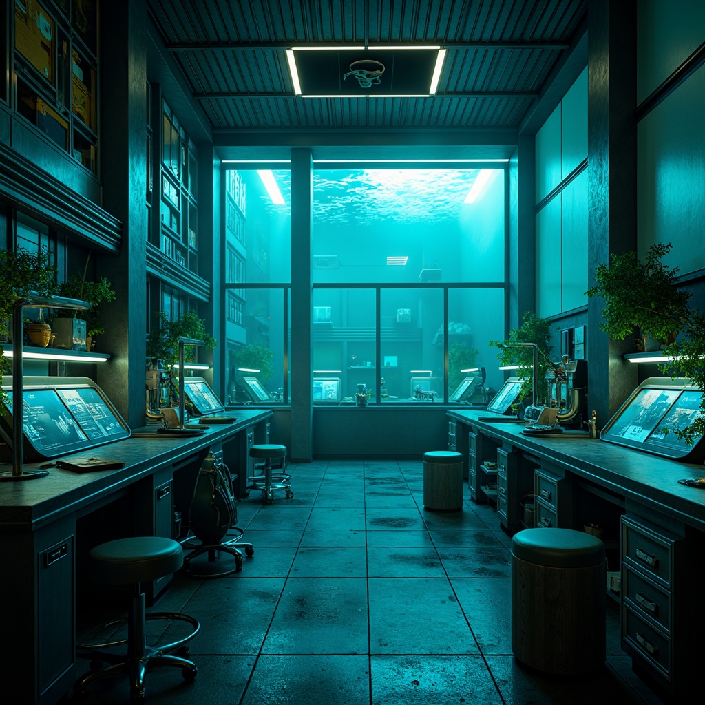 Prompt: \Mysterious underwater laboratory, dark cyan glass walls, metallic framework, soft blue-green luminescent lighting, futuristic scientific equipment, experimental machinery, neon-lit control panels, high-tech computers, sleek metal tables, ergonomic stools, atmospheric mist, subtle fog effects, cinematic close-up shots, shallow depth of field, 1/1 composition, realistic reflections, ambient occlusion.\Let me know if you need any adjustments!