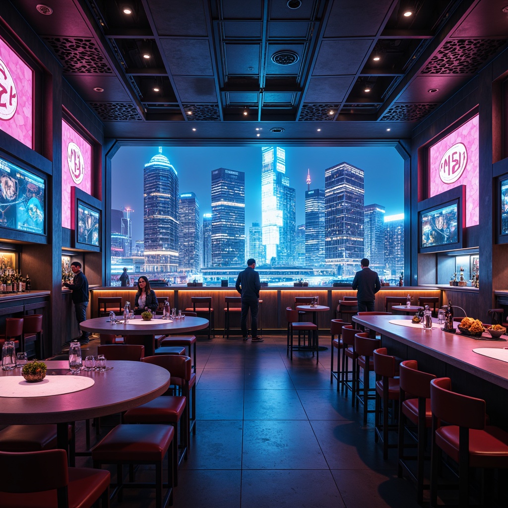 Prompt: Futuristic bar interior, neon-lit cityscape, towering skyscrapers, holographic advertisements, levitating tables, robotic bartenders, cyberpunk-inspired decor, metallic accents, pulsing laser lights, virtual reality interfaces, futuristic cocktails, glowing ice cubes, atmospheric mist, 360-degree views, cinematic lighting, shallow depth of field, 1/1 composition, low-angle shot, high-contrast color grading.