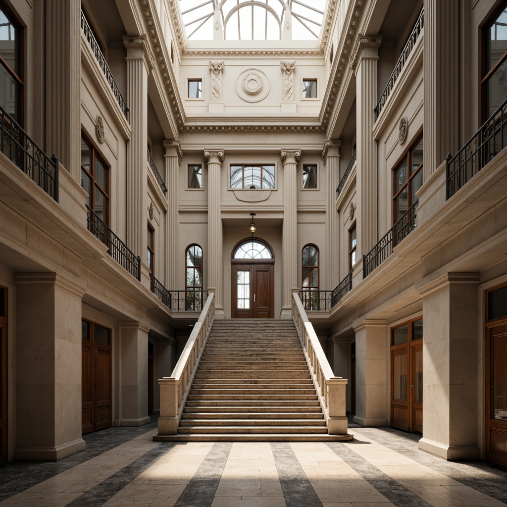 Prompt: Grand courthouse building, neoclassical facade, imposing columns, ornate details, symmetrical architecture, grand staircase, high ceilings, marble flooring, wooden accents, modernist twists, clean lines, minimal ornamentation, functional simplicity, natural light pouring in, subtle shading, 1/2 composition, wide-angle lens, realistic materials, ambient lighting.