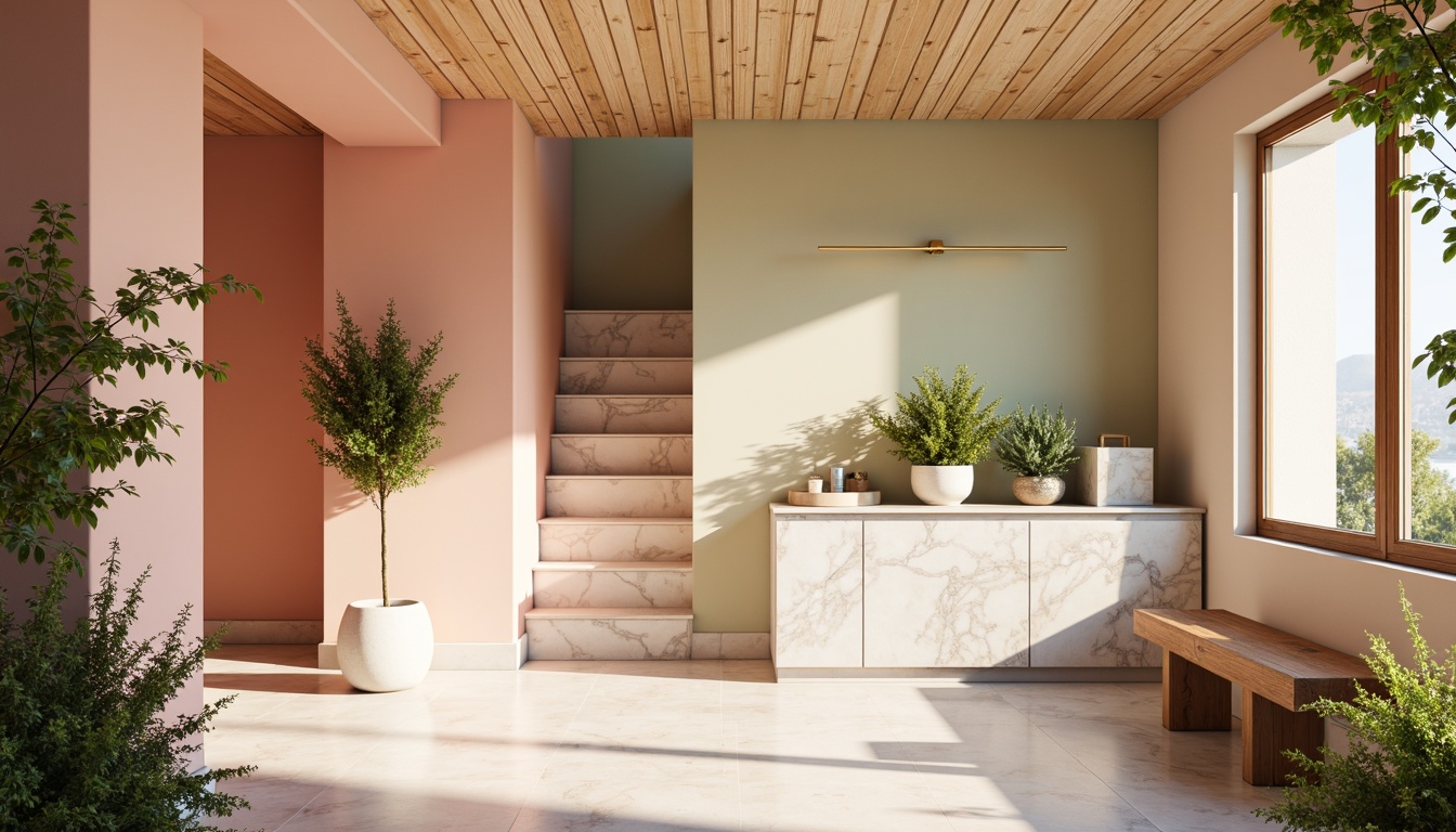 Prompt: Vibrant modern interior, pastel hues, soft peach tones, creamy whites, rich wood accents, metallic gold fixtures, elegant marble countertops, lush greenery, natural light pouring in, warm cozy ambiance, shallow depth of field, 1/1 composition, realistic textures, ambient occlusion.