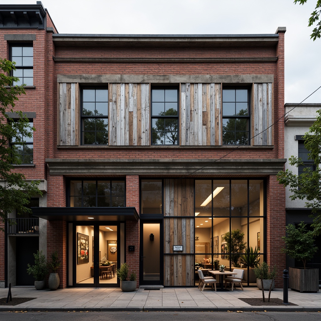 Prompt: Rustic warehouse facade, exposed brick walls, metal cladding, industrial windows, steel beams, wooden accents, vintage signage, distressed finishes, urban landscape, gritty city streets, overcast sky, soft warm lighting, shallow depth of field, 2/3 composition, realistic textures, ambient occlusion, modern functionality, functional simplicity, industrial chic aesthetic.