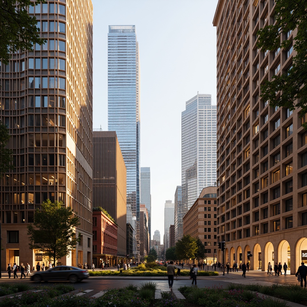 Prompt: Vibrant cityscape, modern skyscrapers, sleek glass facades, warm golden lighting, rich brown wood accents, cool blue undertones, neutral beige backgrounds, bold red highlights, calming greenery, natural stone textures, intricate geometric patterns, 3D visual effects, atmospheric misting, shallow depth of field, 2/3 composition, realistic renderings, ambient occlusion.