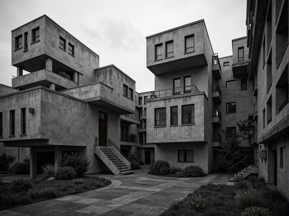 Prompt: Monochromatic brutalist buildings, rough concrete textures, industrial materials, muted earth tones, weathered steel beams, raw stone walls, dramatic shadows, geometric shapes, fortress-like structures, urban landscapes, overcast skies, moody lighting, high contrast ratios, cinematic composition, atmospheric perspective.