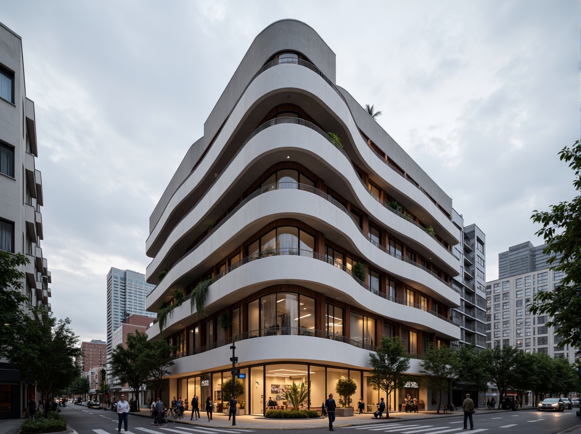 Prompt: Streamlined Moderne building, curved lines, minimalist aesthetic, monochromatic color scheme, rich wood accents, polished metal trim, floor-to-ceiling windows, open floor plans, urban cityscape, cloudy gray sky, soft diffused lighting, shallow depth of field, 1/1 composition, realistic textures, ambient occlusion.