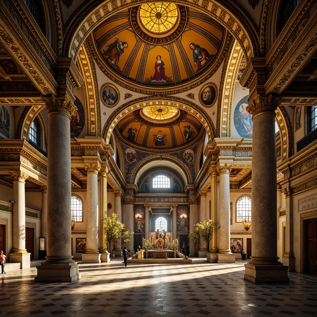 Prompt: Intricate mosaics, golden domes, ornate columns, lavish arches, ornamental capitals, richly decorated walls, grand central nave, vaulted ceilings, apse windows, marble floors, intricate stone carvings, ornate frescoes, vibrant Byzantine patterns, warm golden lighting, high contrast shadows, dramatic depth of field, 2/3 composition, symmetrical framing, realistic textures, ambient occlusion.