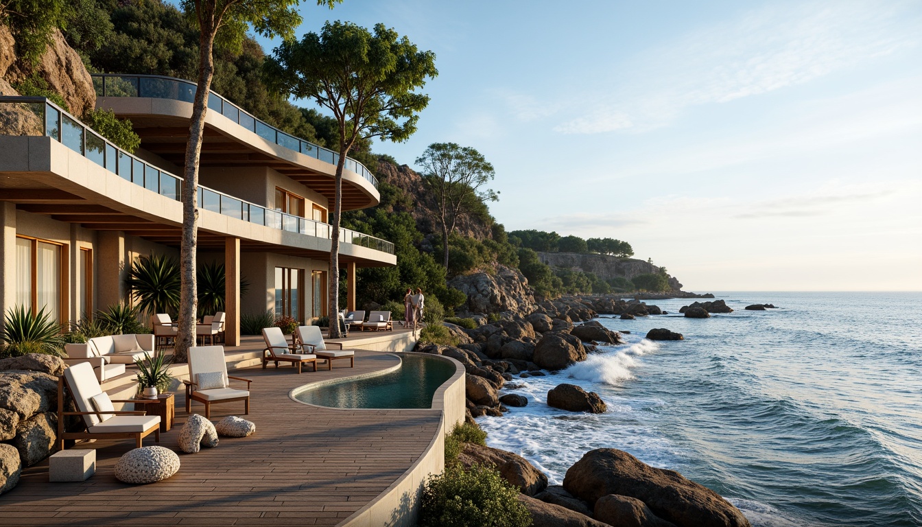 Prompt: Seaside cliffside, rugged coastline, ocean waves, salty air, beachfront properties, modern coastal architecture, curved lines, nautical theme, wooden decks, glass railings, outdoor seating areas, beachy color palette, weathered wood textures, driftwood accents, seashell decorations, ocean-inspired sculptures, tropical plants, palm trees, sunny day, soft warm lighting, shallow depth of field, 3/4 composition, panoramic view, realistic water effects, ambient occlusion.