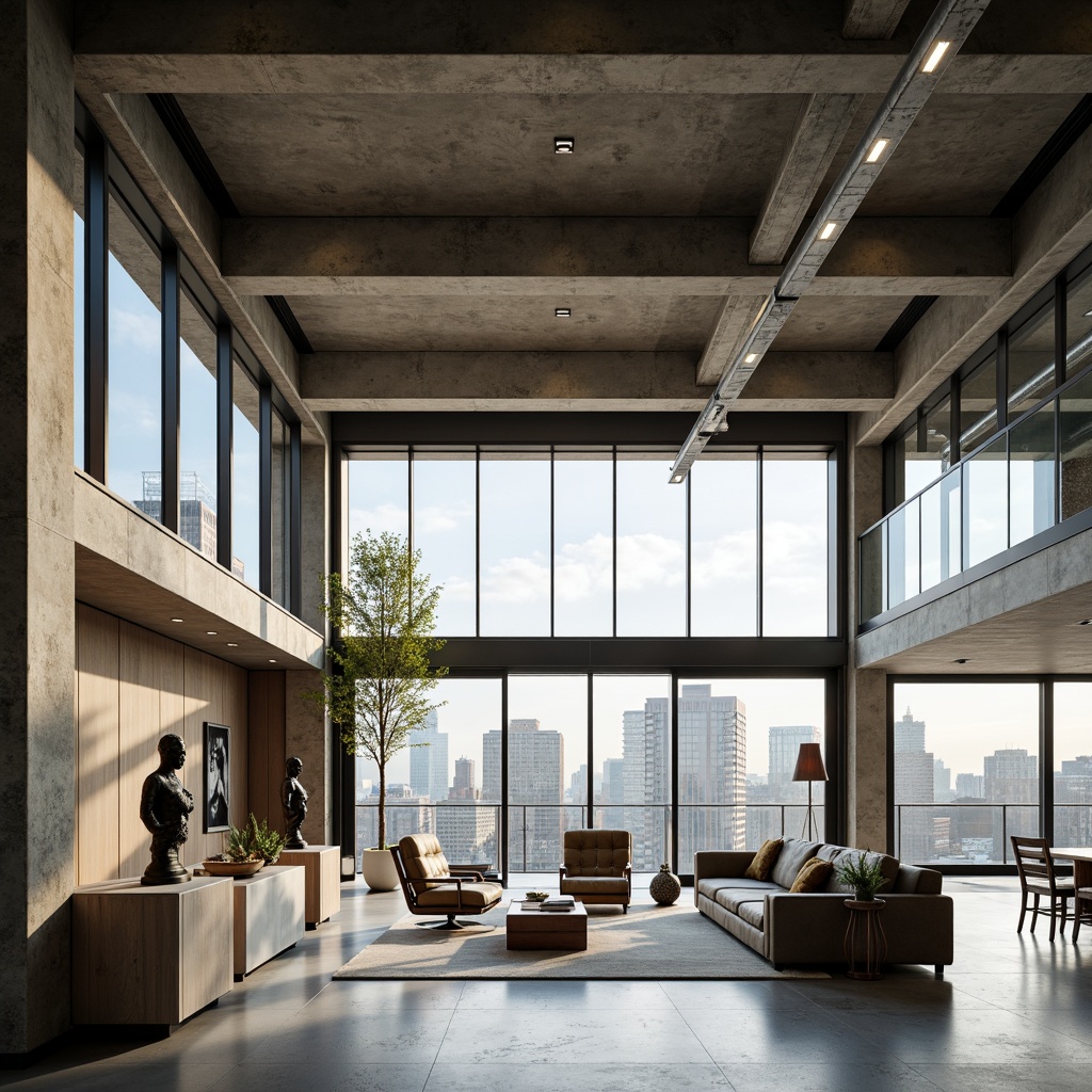 Prompt: Clean lines, minimal ornamentation, functional simplicity, steel beams, concrete columns, open floor plans, cantilevered roofs, floor-to-ceiling windows, sliding glass doors, industrial materials, exposed ductwork, geometric shapes, abstract forms, monochromatic color schemes, natural light pouring in, urban cityscape views, modernist sculptures, sleek furniture designs, 3/4 composition, shallow depth of field, soft warm lighting, realistic textures, ambient occlusion.