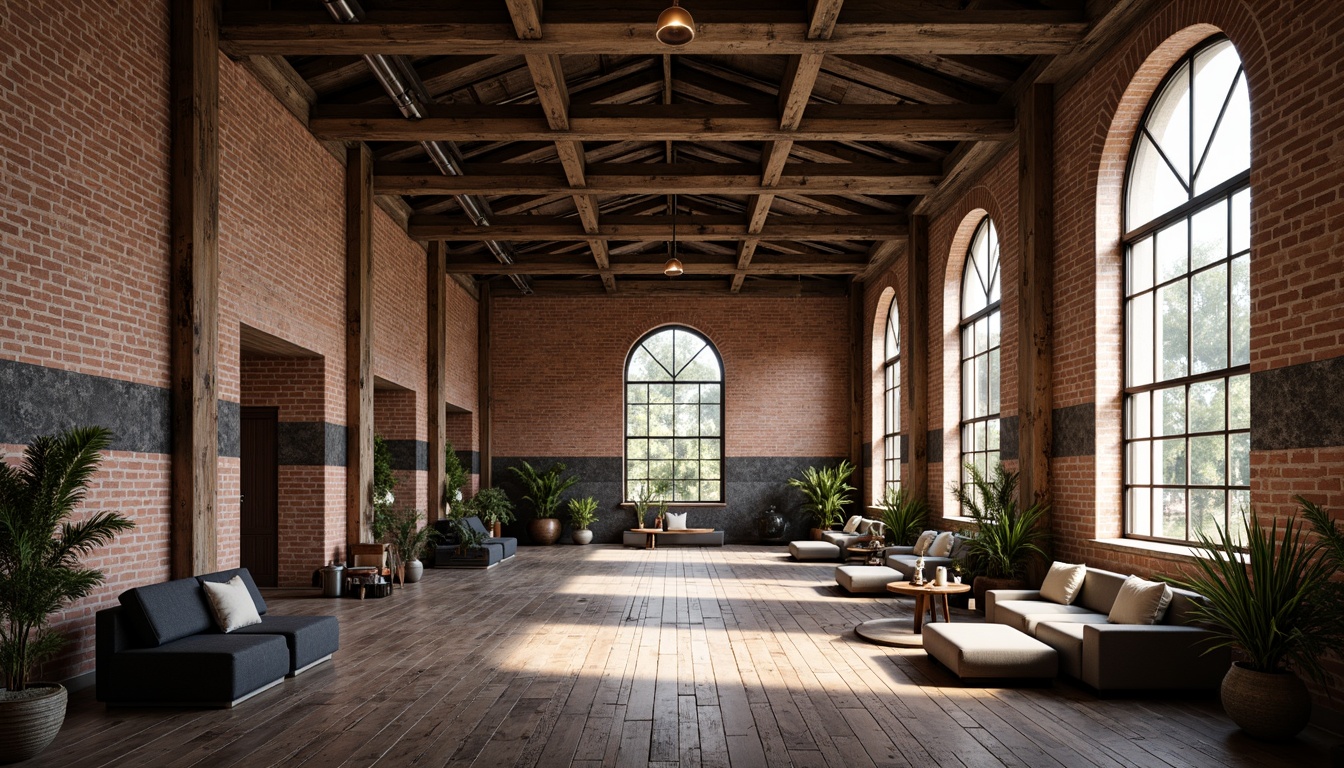 Prompt: Exposed brick walls, distressed wooden beams, industrial metal accents, reclaimed wood floors, vintage decorative tiles, ornate metalwork, grand arched windows, soft warm lighting, atmospheric shadows, rich earthy tones, rustic charm, urban grittiness, eclectic decor, modern minimalist touches, airy open spaces, flowing curtains, natural fabrics, cozy nooks, intimate ambiance, dramatic ceiling heights.