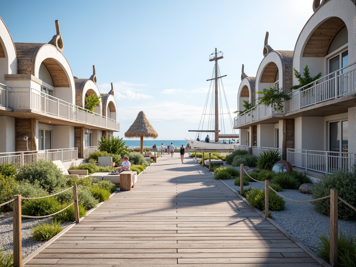 Prompt: Seaside promenade, oceanfront buildings, wave-inspired curves, beachy textures, driftwood accents, nautical ropes, sailboat masts, lighthouses, salty air, sea spray mist, warm sunny day, soft gentle lighting, shallow depth of field, 1/1 composition, symmetrical layout, harmonious proportions, minimal ornamentation, weathered wooden decks, rusted metal railings, beach stones, pebbles, seashells, sandy dunes, coastal vegetation.