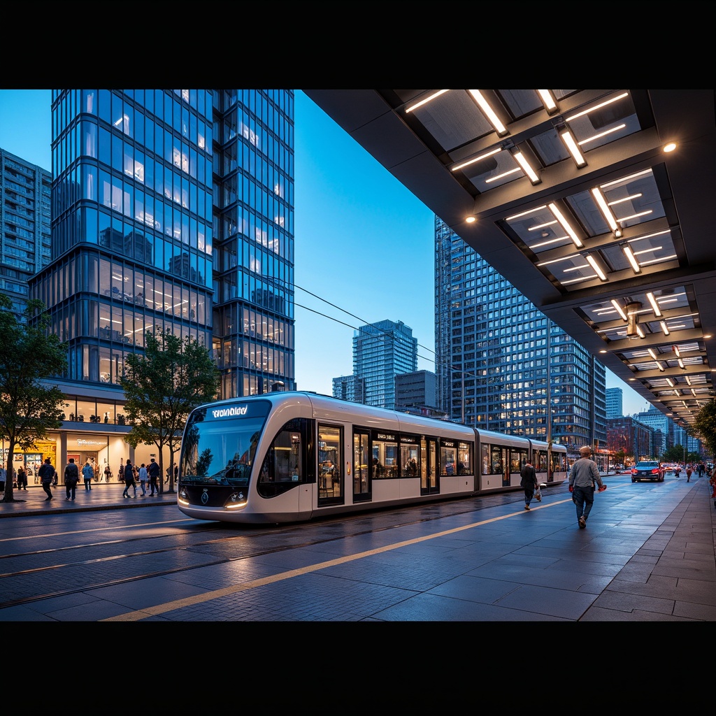 Prompt: Futuristic tram station, sleek metal fa\u00e7ade, dynamic LED light installations, transparent glass roofs, angular lines, minimalist design, high-tech aesthetic, modern urban landscape, bustling city streets, vibrant neon lights, evening atmosphere, shallow depth of field, 3/4 composition, panoramic view, realistic reflections, ambient occlusion.