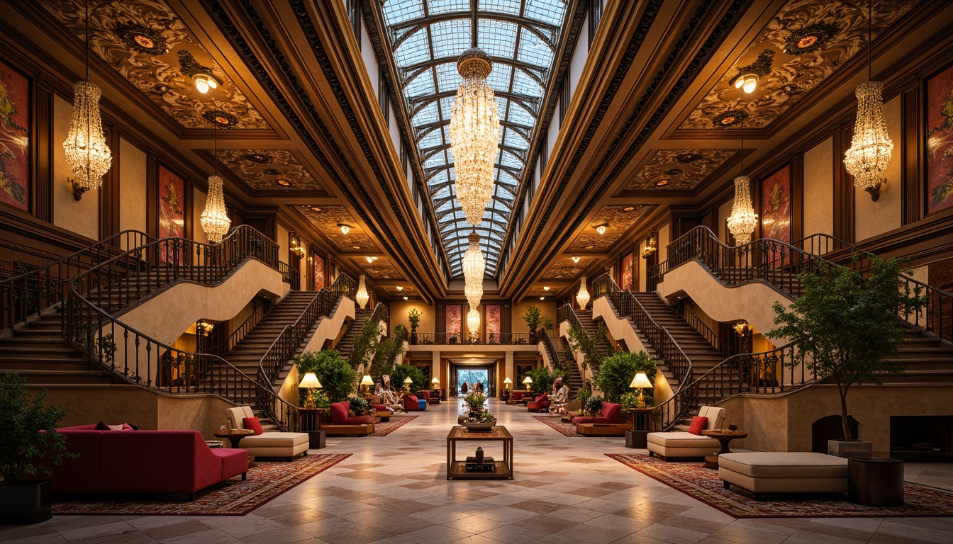 Prompt: Luxurious hotel lobby, ornate chandeliers, sinuous metalwork, flowing organic patterns, stained glass ceilings, grand staircases, intricate mosaics, velvet drapes, gilded accents, ornate furniture, curved lines, asymmetrical compositions, warm golden lighting, shallow depth of field, 1/2 composition, realistic textures, ambient occlusion.