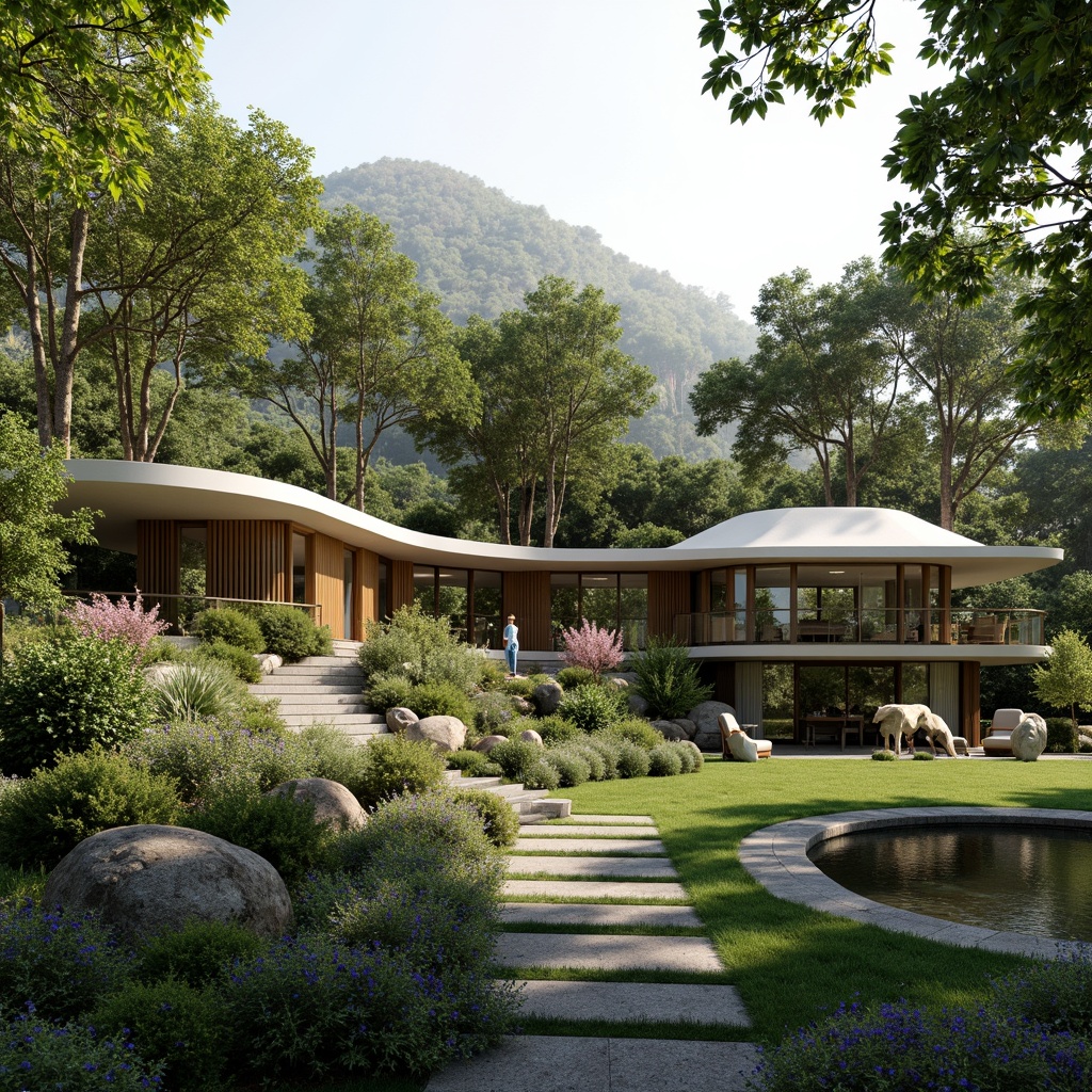 Prompt: Seamless landscape integration, harmonious blend of architecture and nature, organic curves, sustainable materials, lush green roofs, native plant species, natural stone walls, wooden accents, minimalist design, large windows, sliding glass doors, panoramic views, blurred boundaries, soft warm lighting, atmospheric perspective, 1/1 composition, realistic textures, ambient occlusion.