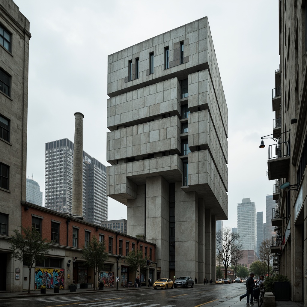 Prompt: Massive concrete fortress, rugged brutalist fa\u00e7ade, geometric angular forms, monumental scale, raw unfinished textures, exposed ductwork, industrial pipes, functional minimalism, urban cityscape, overcast skies, dramatic shadows, high-contrast lighting, bold structural expression, fortress-like silhouettes, imposing verticality, reinforced concrete columns, cantilevered balconies, brutalist ornamentation, distressed finishes, graffiti-covered walls, abandoned industrial landscape, desolate atmosphere, cinematic wide-angle shot, low-key lighting, gritty realistic textures.