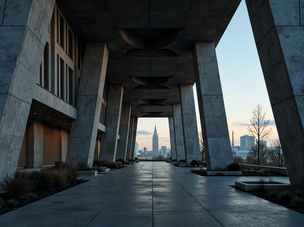 Prompt: Exposed concrete beams, rugged stone walls, angular steel columns, cantilevered rooflines, brutalist architecture, massive scale, monumental entrance, industrial materials, raw textures, urban landscape, city skyline, dramatic evening lighting, low-angle shot, wide-angle lens, atmospheric fog, high-contrast shadows, dynamic composition, diagonal lines, geometric patterns.