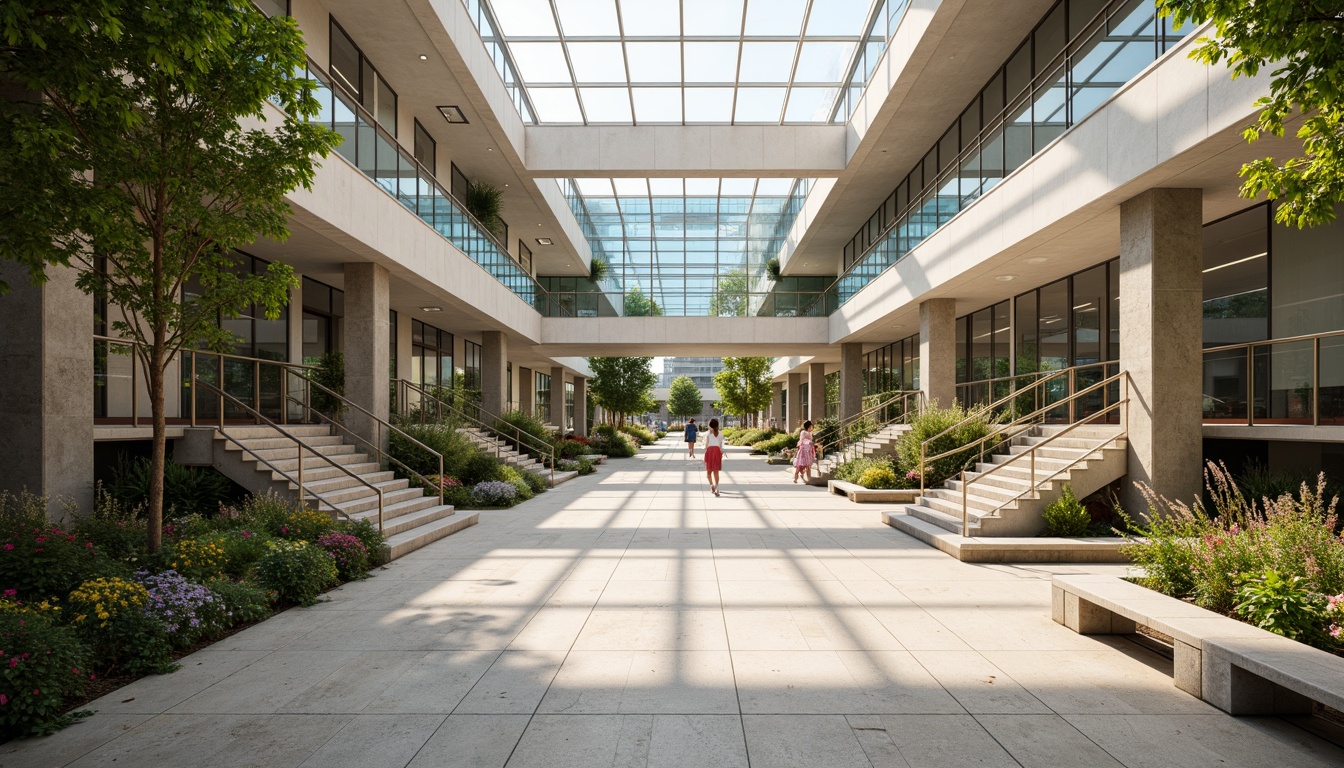 Prompt: Spacious public plaza, grand staircases, sleek glass railings, minimalist benches, lush greenery, vibrant flowers, natural stone flooring, modern architecture, large windows, clerestory roofs, skylights, transparent ceilings, reflective surfaces, mirrored walls, soft warm lighting, shallow depth of field, 3/4 composition, panoramic view, realistic textures, ambient occlusion.