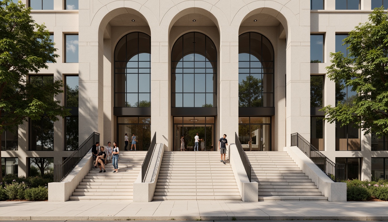 Prompt: Grand courthouse facade, sleek modernist architecture, clean lines, minimalist columns, grand staircases, ornate metal railings, polished granite walls, large glass windows, subtle arches, symmetrical composition, warm afternoon lighting, shallow depth of field, 1/2 composition, realistic textures, ambient occlusion.