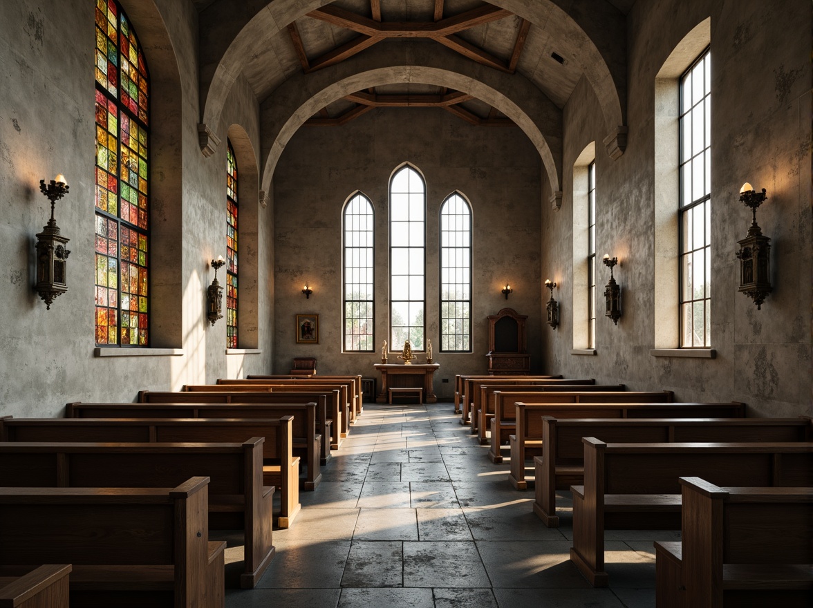 Prompt: Raw concrete walls, brutalist architecture, stained glass windows, soft warm natural light, dramatic shadows, minimalist decor, grand high ceilings, industrial-style lighting fixtures, sacred atmosphere, solemn ambiance, stone floors, rustic wooden pews, ornate metalwork, subtle color palette, overcast skies, diffused sunlight, 1/1 composition, realistic textures, ambient occlusion.