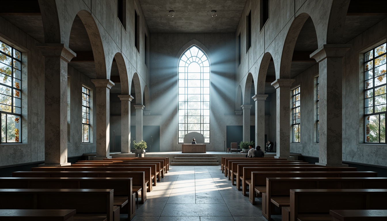 Prompt: Rugged brutalist church, raw concrete walls, dramatic natural lighting, stained glass windows, vaulted ceilings, grandiose arches, minimalist decor, industrial-style pews, atmospheric fog, diffused soft light, high contrast shadows, cinematic composition, symmetrical framing, realistic textures, ambient occlusion.Let me know if you need any adjustments!