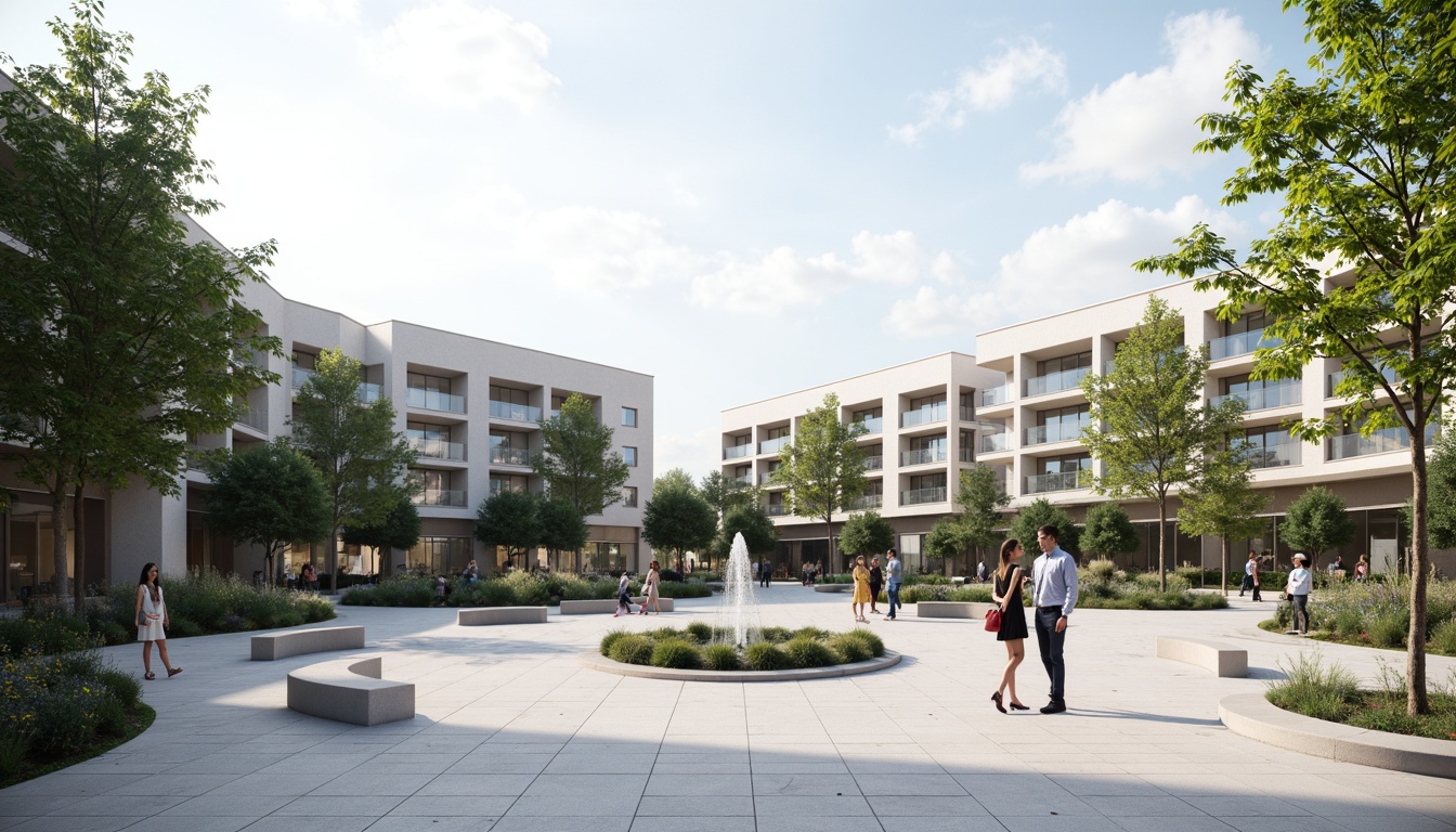 Prompt: Simple open plaza, minimalist fountain, sleek stone benches, sparse greenery, modern low-rise buildings, clean lines, neutral color palette, abundant natural light, subtle shading, 1/1 composition, soft focus, realistic textures, ambient occlusion, calm atmosphere, peaceful ambiance.