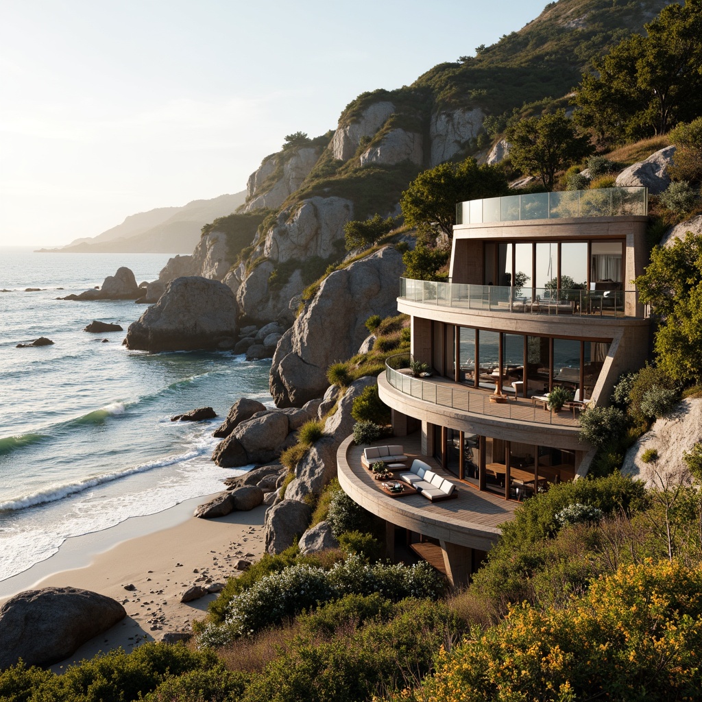 Prompt: Seaside cliffside, rugged coastline, waves crashing, salty air, ocean views, modern coastal architecture, curved lines, weathered wood, large windows, sliding glass doors, outdoor living spaces, wooden decks, beach access, staircases to shore, natural stone walls, lush greenery, driftwood accents, nautical-themed decor, warm sunny day, soft golden lighting, shallow depth of field, 1/1 composition, realistic textures, ambient occlusion.