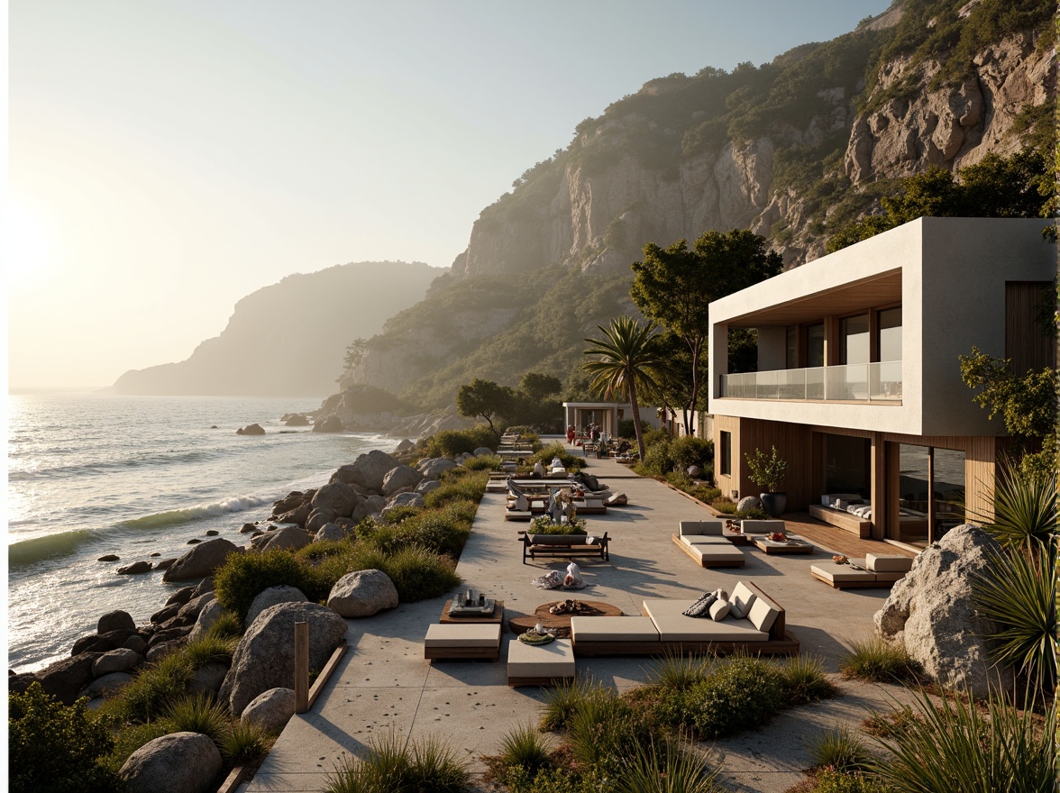 Prompt: Seaside cliffside, rugged shoreline, crashing waves, salty air, oceanfront property, modern coastal architecture, angular lines, cantilevered decks, large windows, sliding glass doors, weathered wood accents, driftwood furniture, nautical decorations, beachy color palette, sandy terrain, tropical plants, palm trees, seaside boardwalk, misty morning light, warm golden hour, shallow depth of field, 1/1 composition, cinematic view, realistic textures, ambient occlusion.