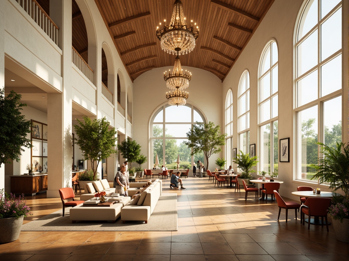 Prompt: Grand dining hall, high ceilings, large windows, natural light pouring in, warm wooden floors, elegant chandeliers, luxurious furniture, creamy white walls, subtle textures, soft diffused lighting, 1/1 composition, atmospheric perspective, shallow depth of field, vibrant greenery, blooming flowers, sunny day, realistic materials, ambient occlusion.