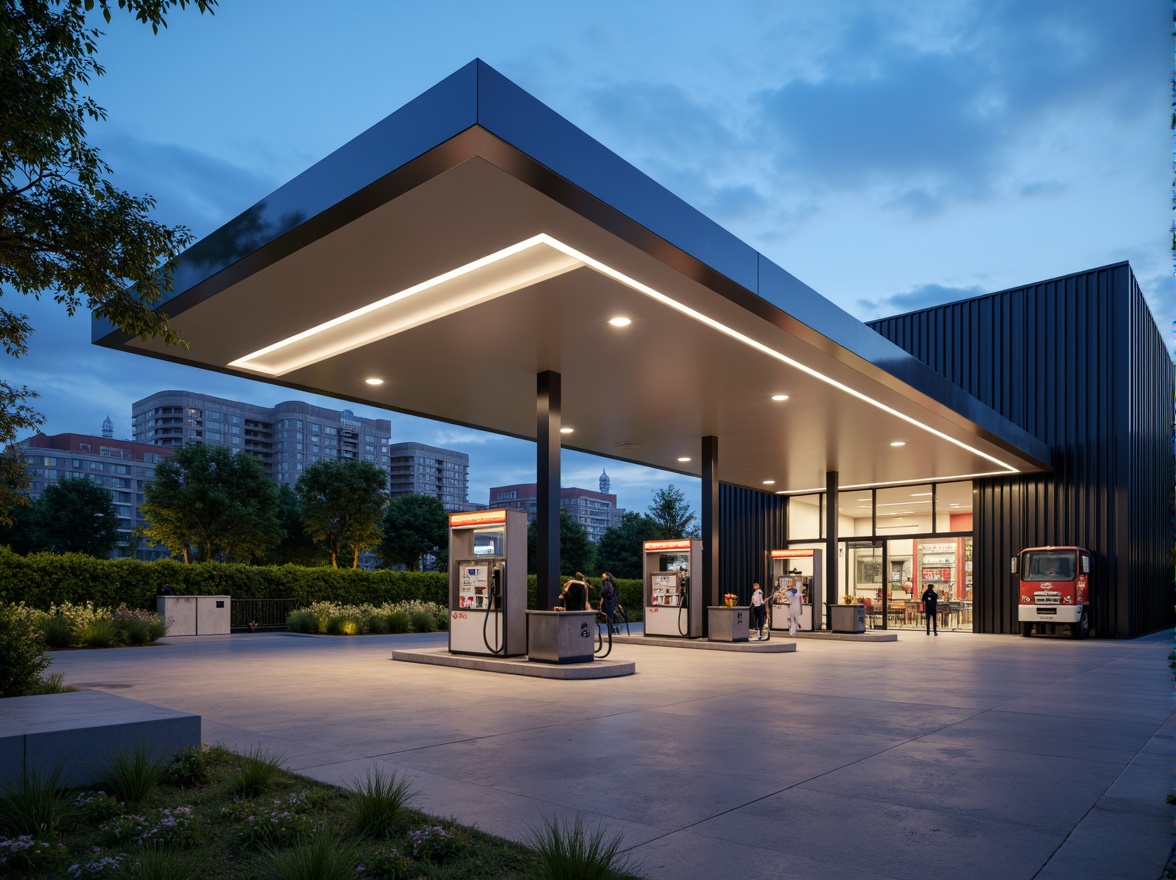 Prompt: Modern gas station, sleek fuel pumps, stainless steel accents, LED lighting, paved parking lot, convenience store, large windows, minimalist design, industrial-style architecture, urban landscape, cityscape, morning light, shallow depth of field, 3/4 composition, realistic textures, ambient occlusion.