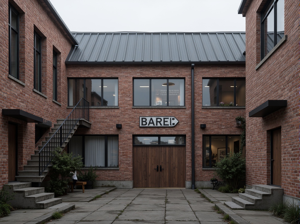 Prompt: Rustic warehouse facade, industrial brick walls, metal cladding, corrugated roofs, large windows, steel frames, vintage signage, distressed wooden doors, urban alleyway setting, morning fog, soft diffused lighting, shallow depth of field, 1/2 composition, realistic textures, ambient occlusion, weathered concrete foundation, exposed ductwork, functional staircases, minimalist decor.