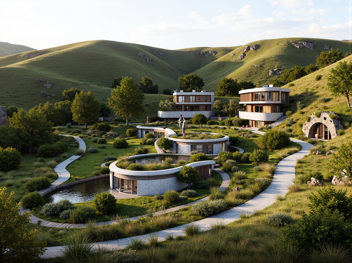 Prompt: Rolling hills, lush greenery, meandering pathways, natural stone walls, curved lines, organic forms, earthy tones, wooden accents, living roofs, verdant landscapes, water features, reflective pools, cantilevered structures, large windows, sliding glass doors, seamless transitions, blurred boundaries, symbiotic relationships, eco-friendly materials, sustainable design principles, minimal environmental impact, serene ambiance, warm natural lighting, 3/4 composition, panoramic view, realistic textures, ambient occlusion.