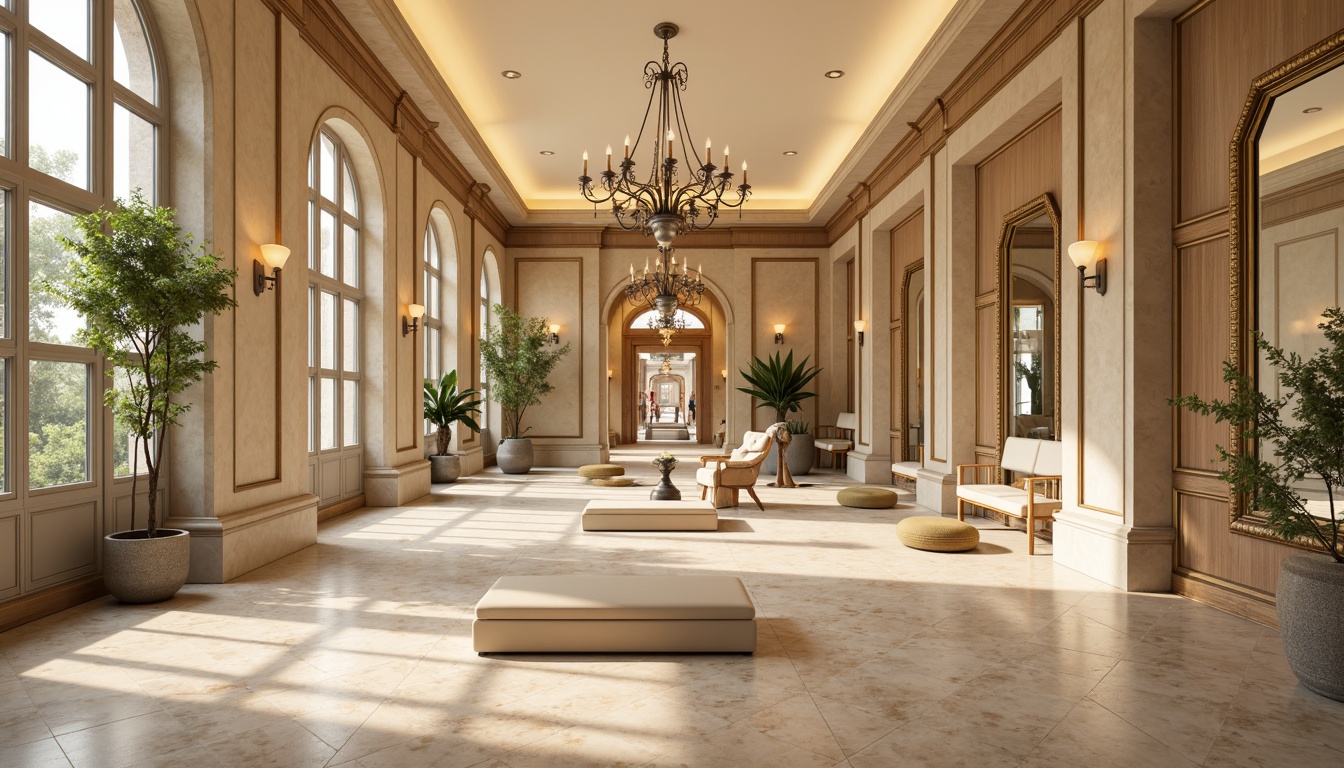 Prompt: Elegant fitness studio, creamy marble floors, ornate mirrors, gold accents, rich wood tones, soft beige walls, classical columns, vaulted ceilings, grand chandeliers, warm atmospheric lighting, shallow depth of field, 1/2 composition, symmetrical balance, harmonious color palette, muted earthy tones, pale blue hues, creamy whites, warm golden ratios, realistic textures, ambient occlusion.