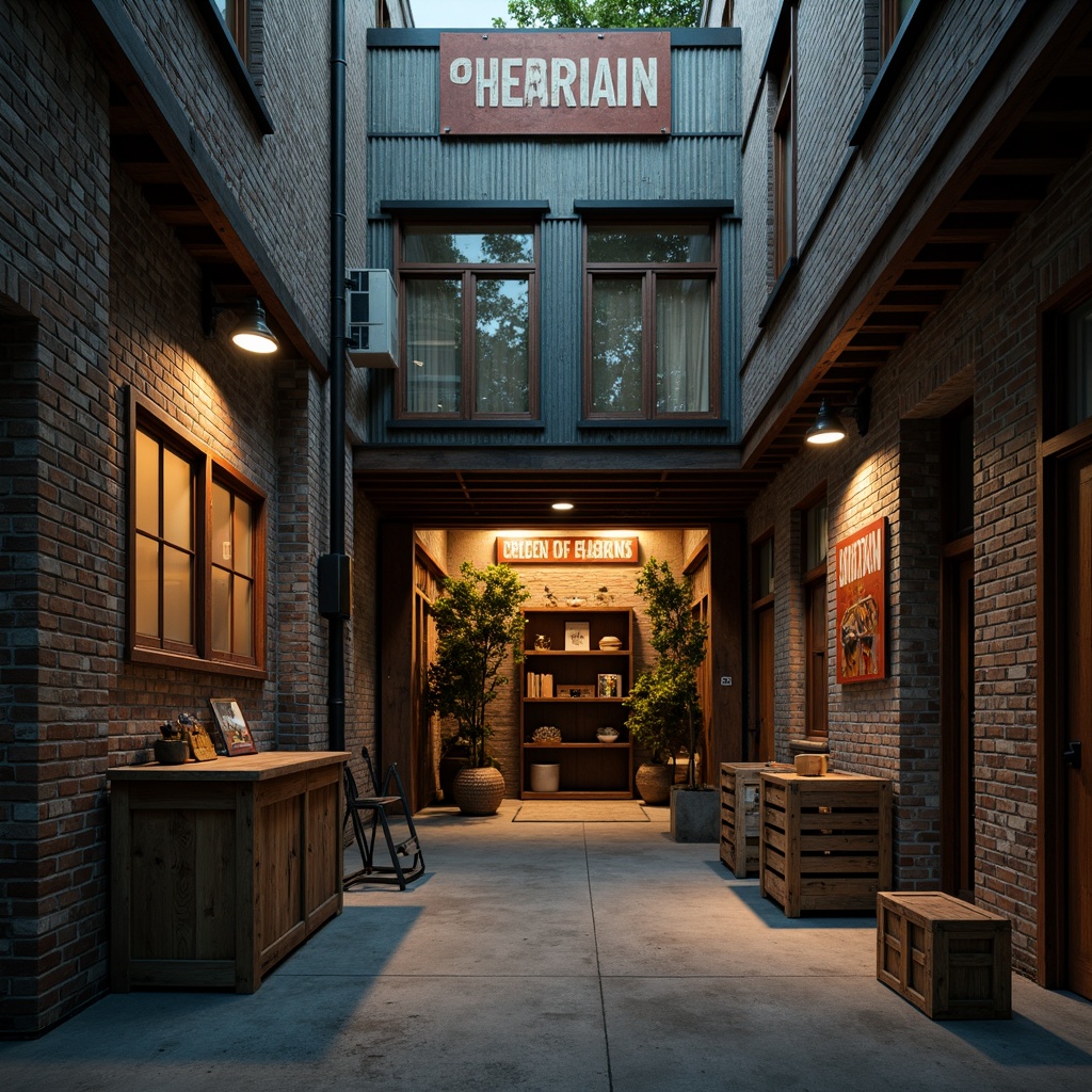 Prompt: Rustic warehouse facade, exposed brick walls, corrugated metal cladding, distressed wood accents, industrial windows, steel beams, reclaimed wooden crates, vintage signage, urban alleyway setting, dimly lit atmosphere, warm color palette, rough textures, 1-point perspective composition, low-angle shot, dramatic shadows, ambient Occlusion.