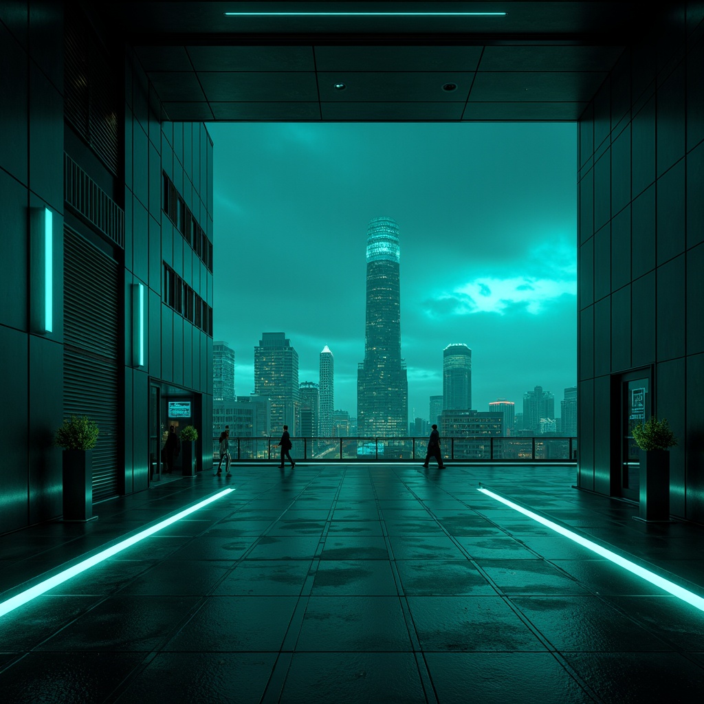 Prompt: Dark cyan walls, neon-lit accents, futuristic architecture, sleek metallic surfaces, angular lines, minimalist design, atmospheric fog, misty ambient lighting, shallow depth of field, 3/4 composition, panoramic view, realistic textures, ambient occlusion, mysterious sci-fi atmosphere, otherworldly landscape, distant nebulae, starry night sky, cosmic-inspired patterns, iridescent materials, holographic displays, cyberpunk cityscape, towering skyscrapers, bustling metropolis.